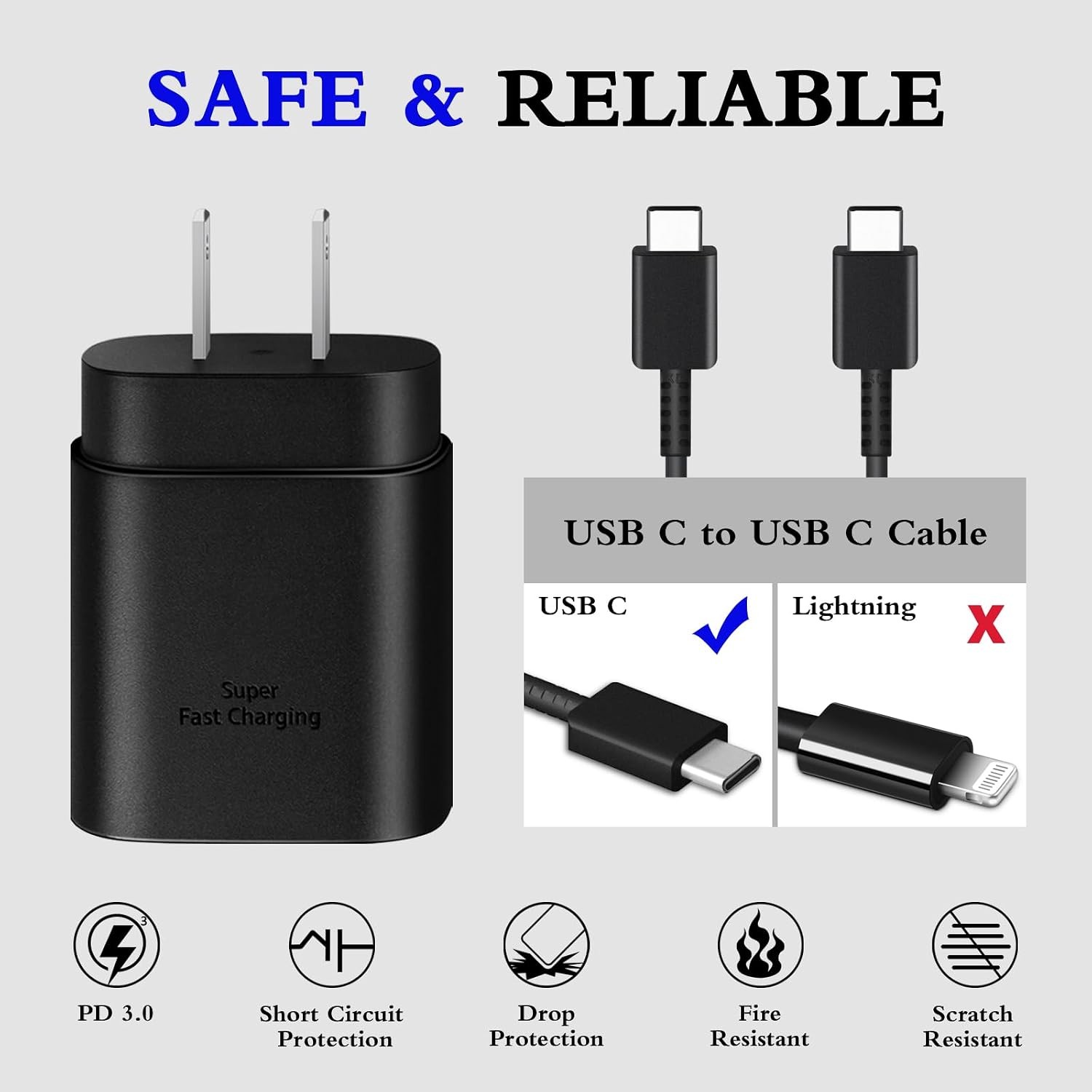 2-Pack 25W Type-C Fast Charger Block for Galaxy S26 S25 6ft Cable