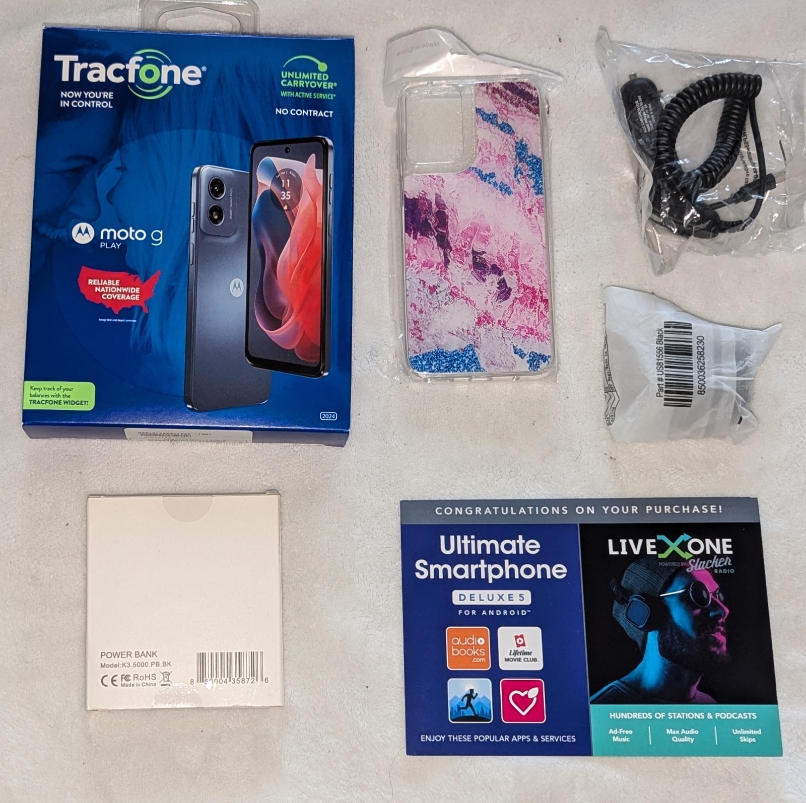 Moto G Play 2024 6.5″ 64GB + 1 Year service 1500 Min/Text/Data + 5k Power Bank