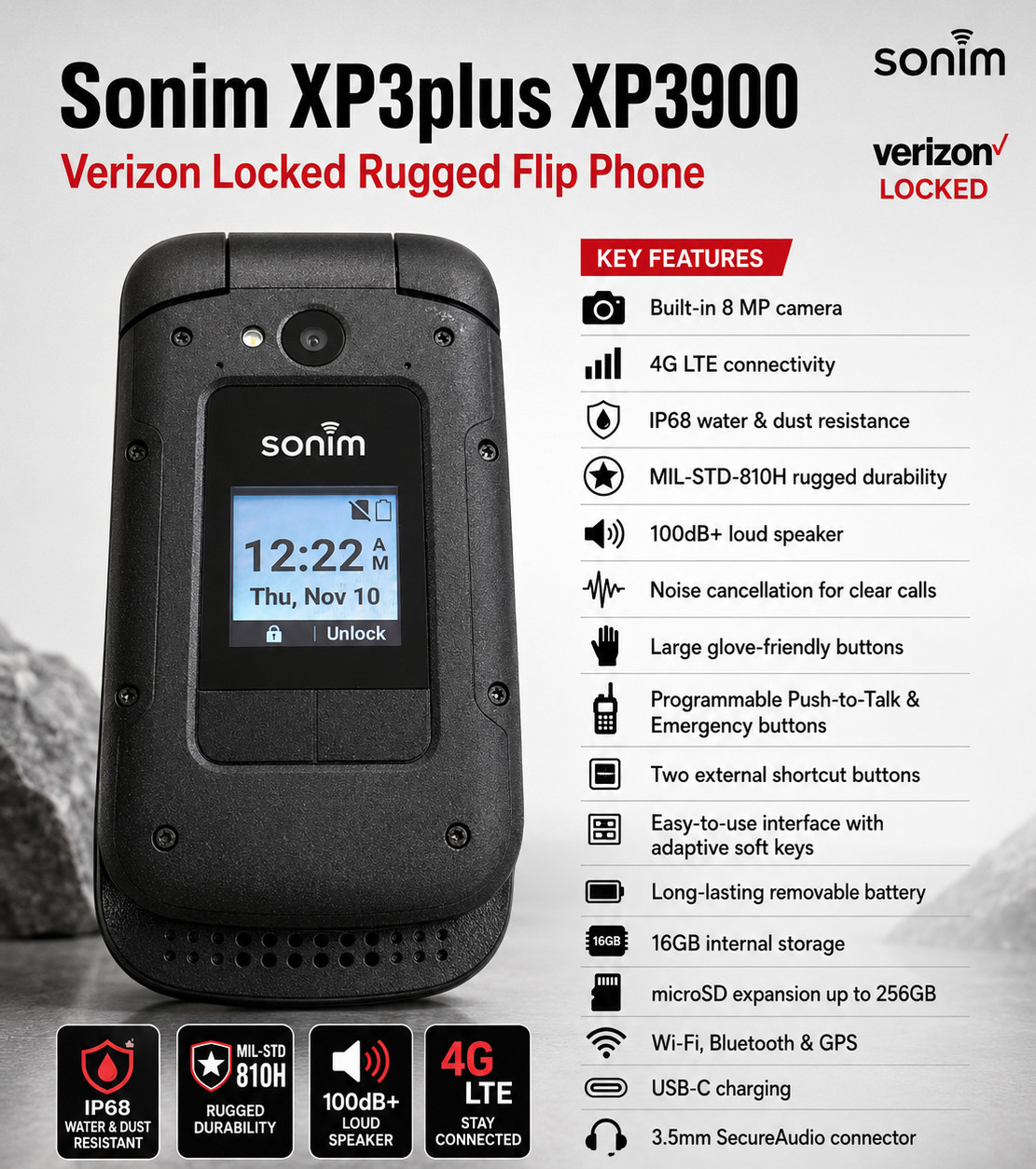 Sonim XP3 Plus XP3900 Verizon 4G LTE 16GB Ultra Rugged Flip Phone