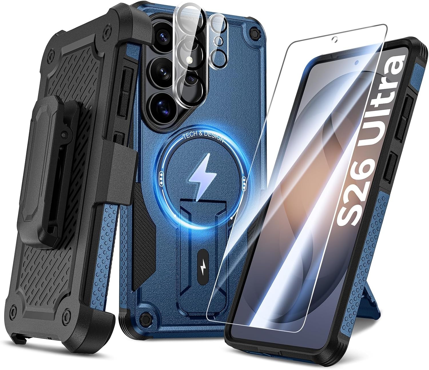 4-in-1 Samsung Galaxy S26 Ultra Case with Belt Clip Holster, Screen Protector &