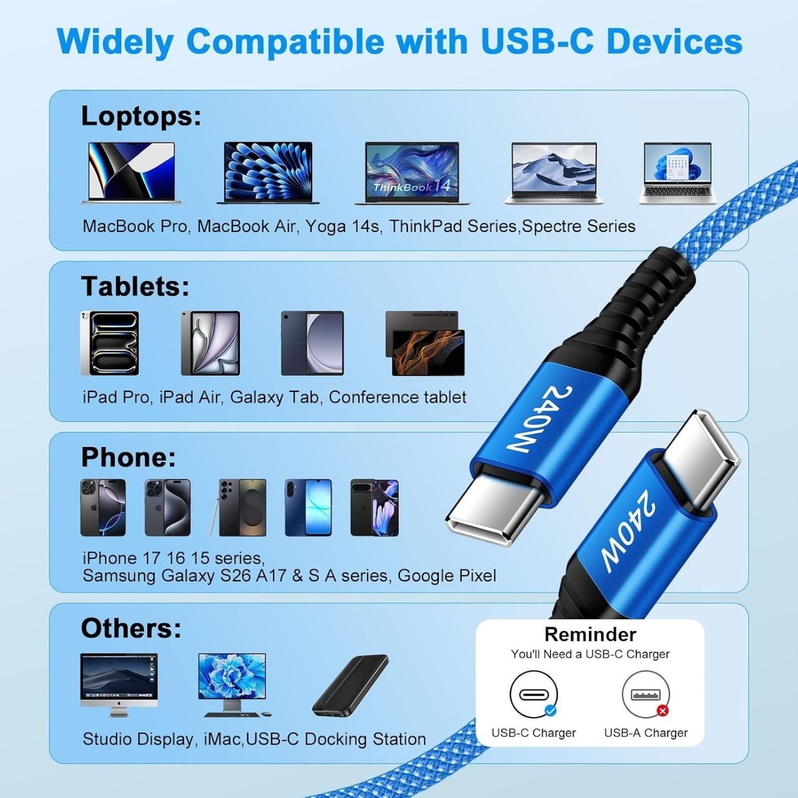 2 Pack 240W USB-C Super Fast Charger Adapter for Samsung Galaxy S26 S26+ 6FT