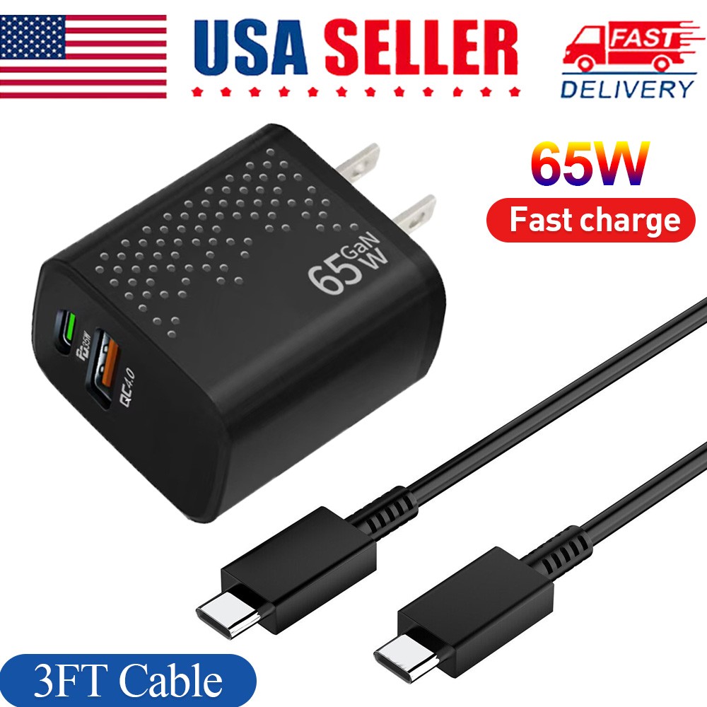 65w Type USB-C Super Fast Wall Charger +3FT Cable For Samsung Galaxy S20~24 Note
