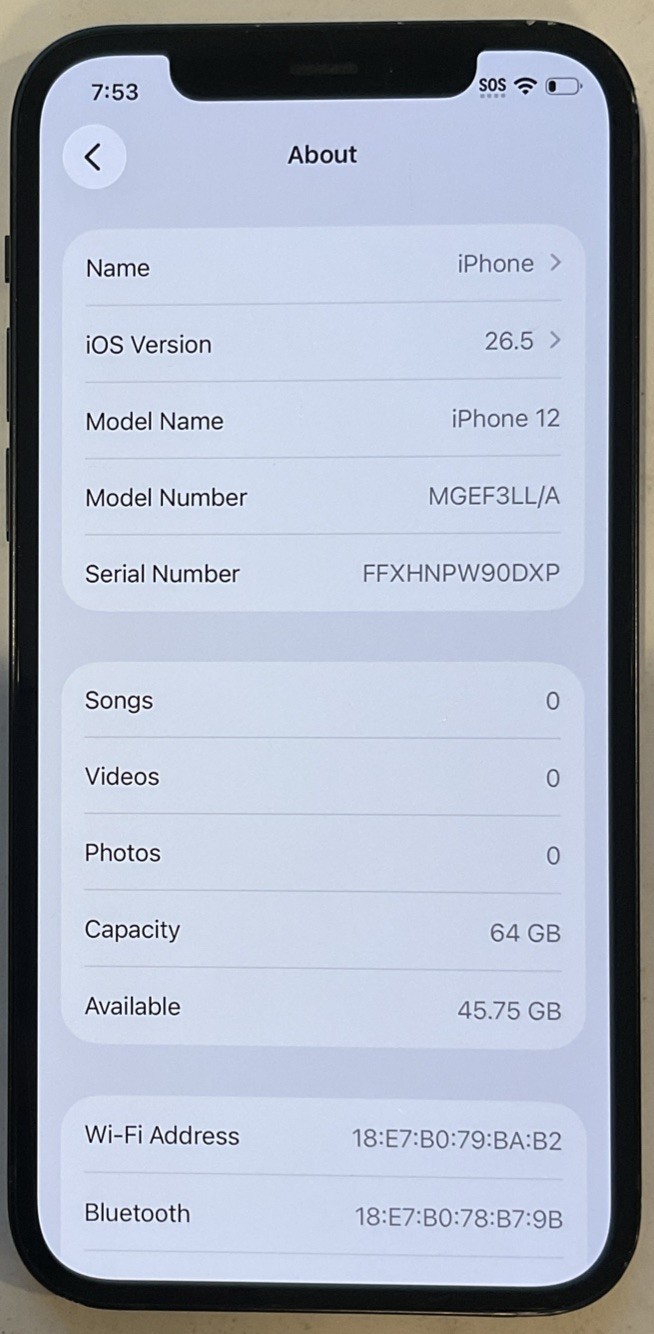 USED BLACK GSM UNLOCKED iPhone 12, 64GB A2172 MGEF3LL/A WITH 89% BATTERY HEALTH