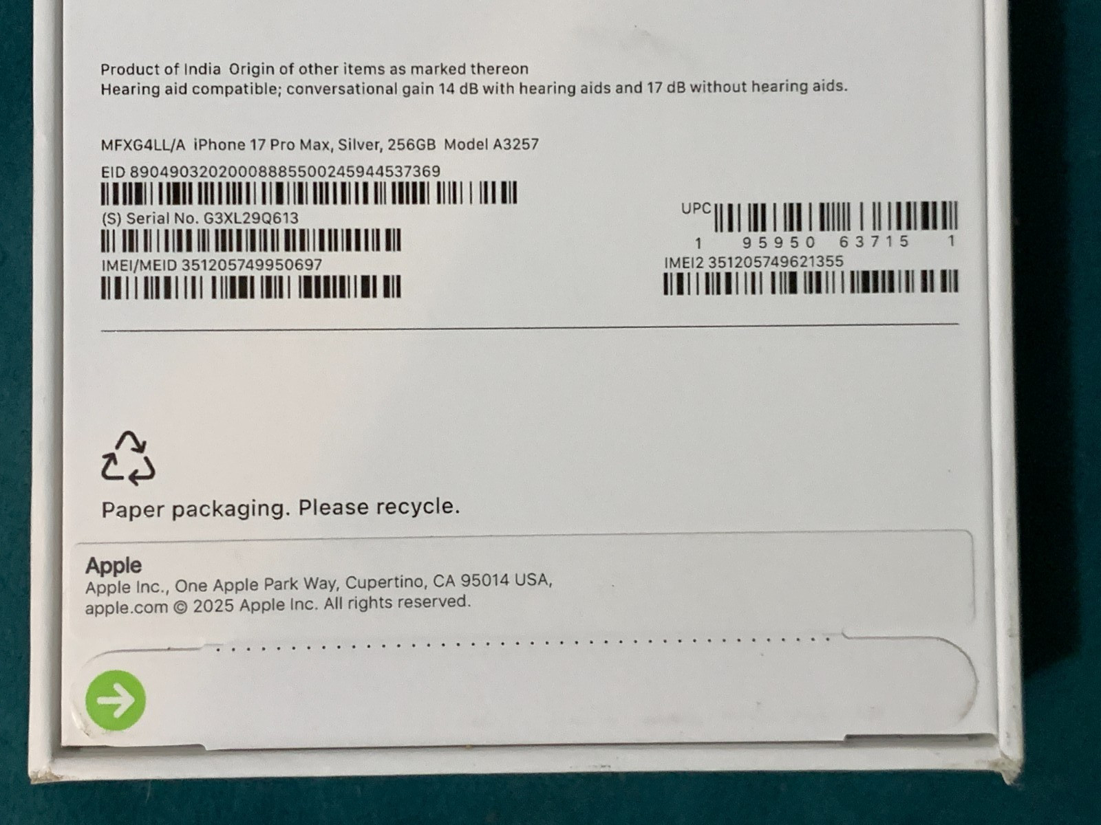 Brand New Apple iPhone 17 Pro Max – 256 GB – Silver – Unlocked – Model A3257