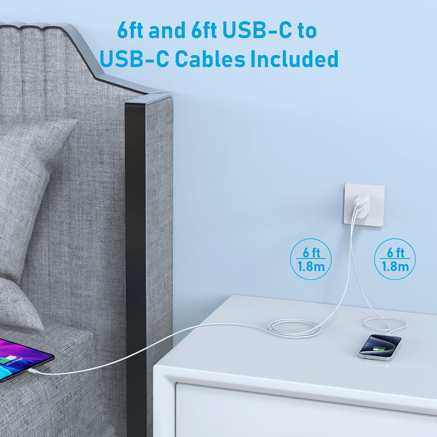 20W Dual Port USB-C Fast Wall Charger for iPhone 17/16 6ft Cable