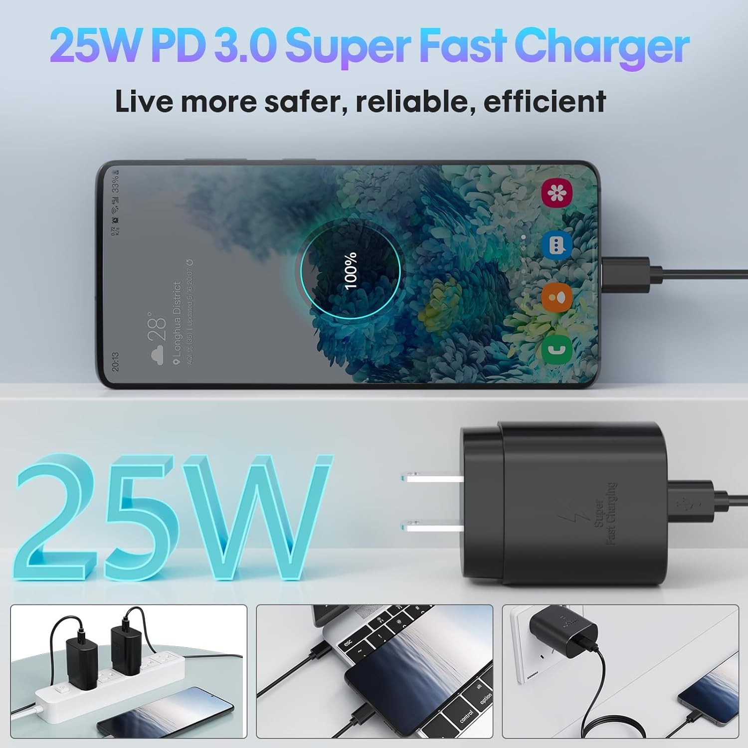 3-Pack 25W Type-C Fast Charger Block for Galaxy S23 Ultra/S21 6FT
