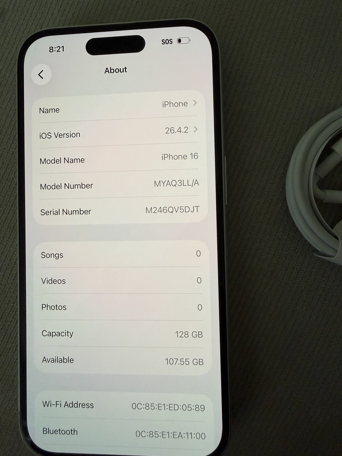 APPLE IPHONE 16 UNLOCKED 128GB WHITE 92% BATTERY