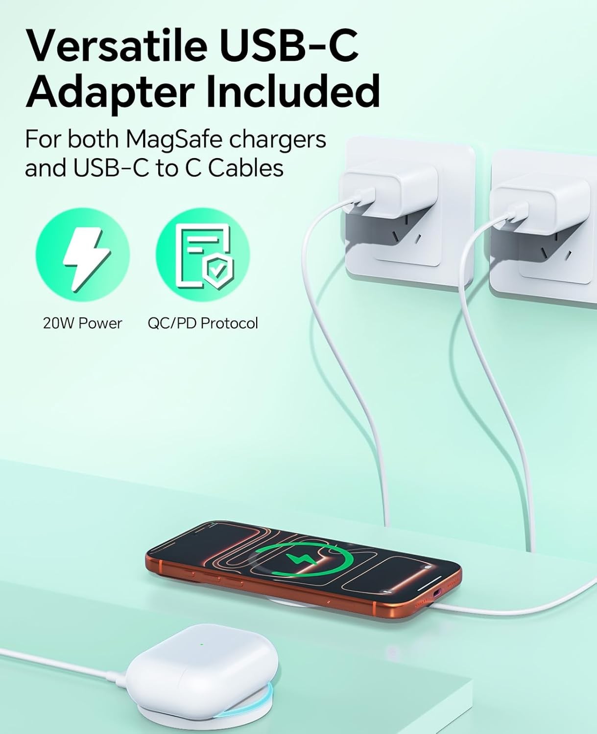 2 Pack 15W Wireless Fast Charging Pad with 20W Adapter for iPhone 17/16/15/14/13