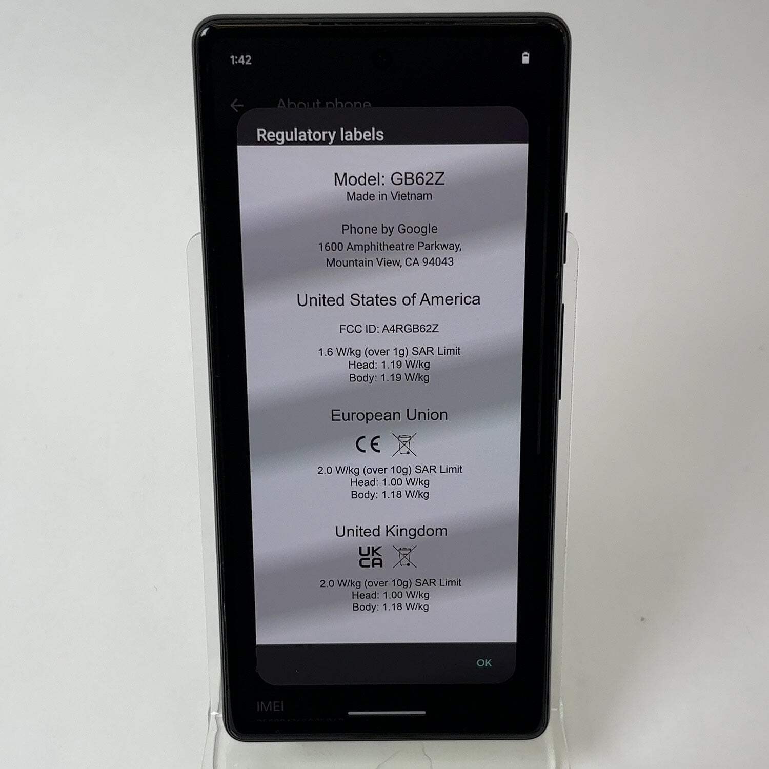 Unlocked Google Pixel 6a 128GB White GB62Z