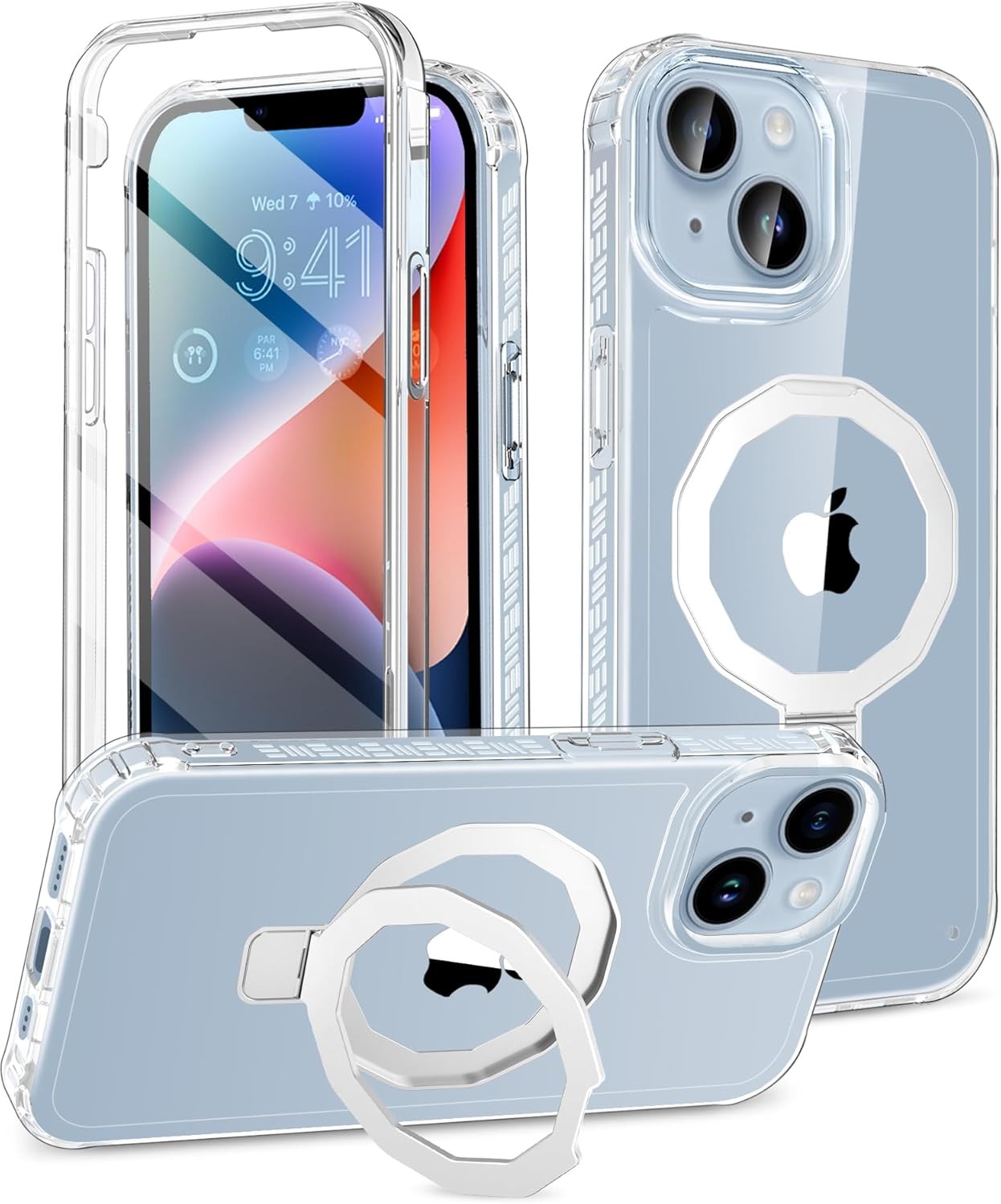 iPhone 14 Case, Built-in Screen Protector & Seamless Stand, Clear Full Body Cove