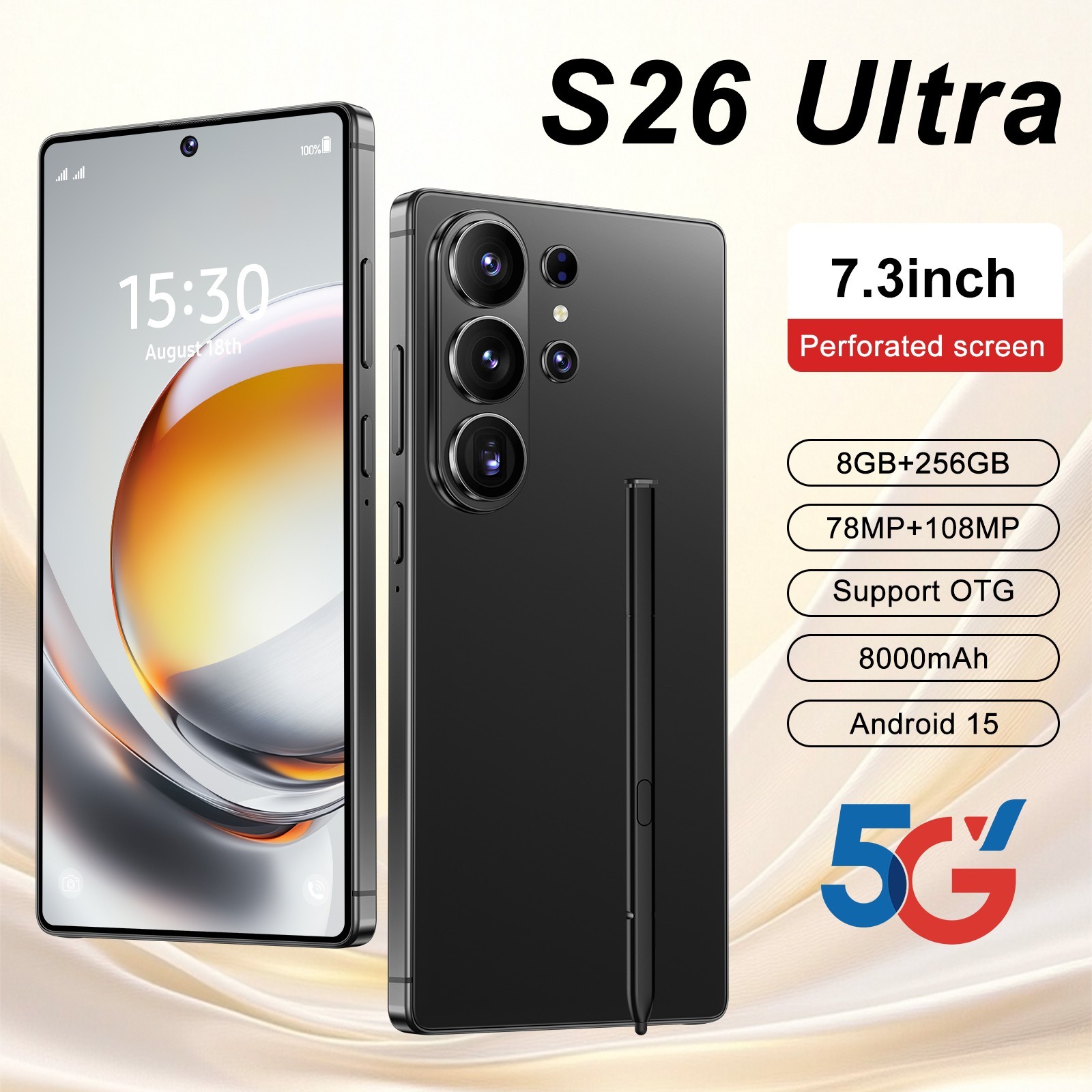 S26 Ultra 5G Smartphone 7.3″ Unlocked Android 15 8GB+256GB Cellphone Dual SIM