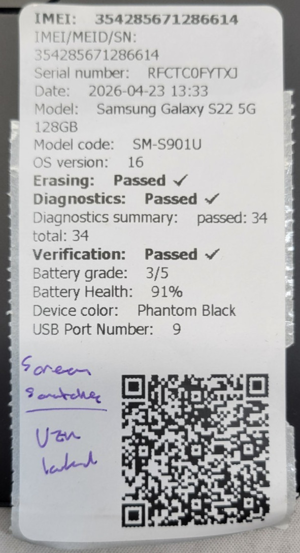 Samsung Galaxy S22 5G – 128GB – SM-S901U – OS:16 – SCREEN SCRATCHES – VZN LOCKED