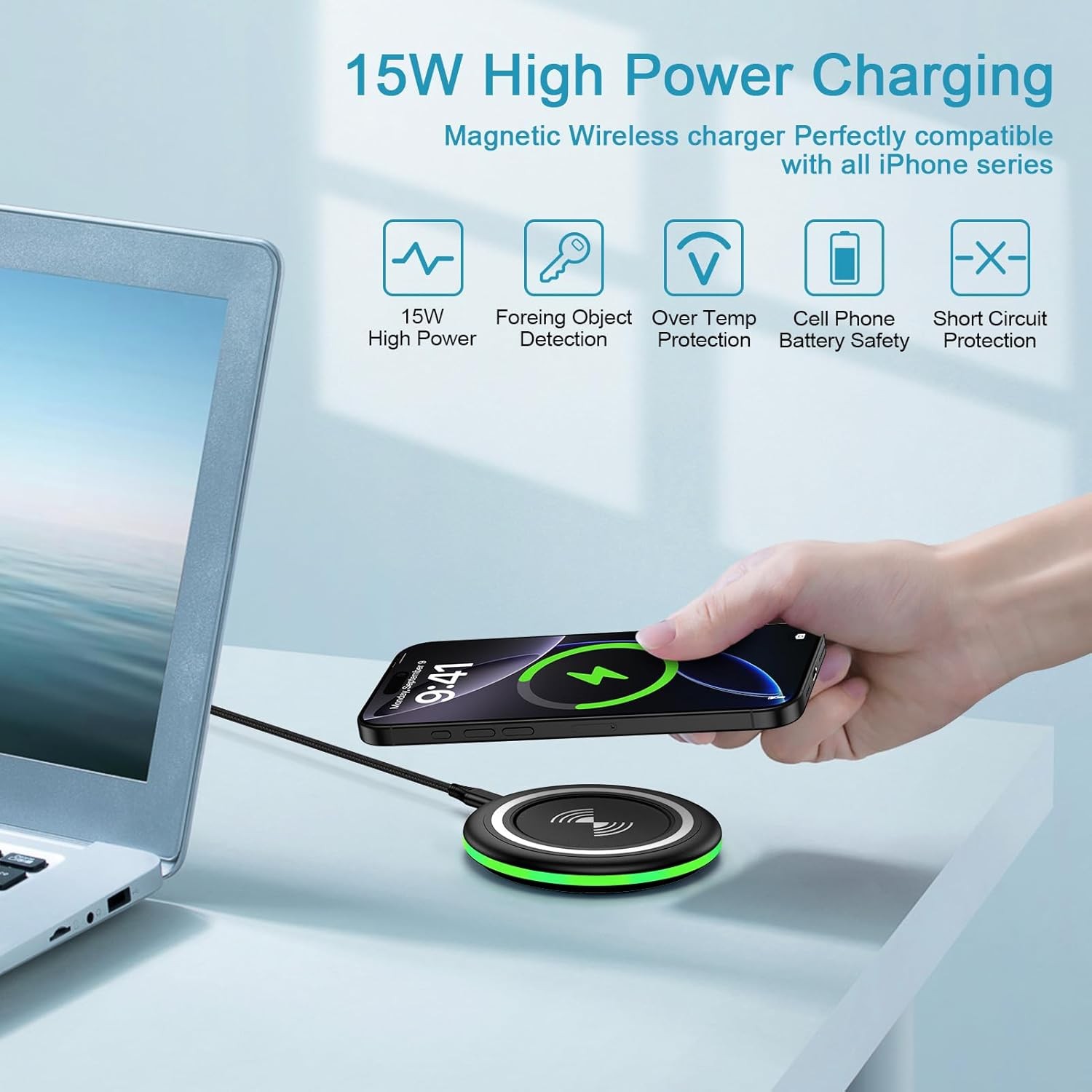 15W Wireless Fast Charging Pad for Samsung Galaxy S26 S25, iPhone 17 16