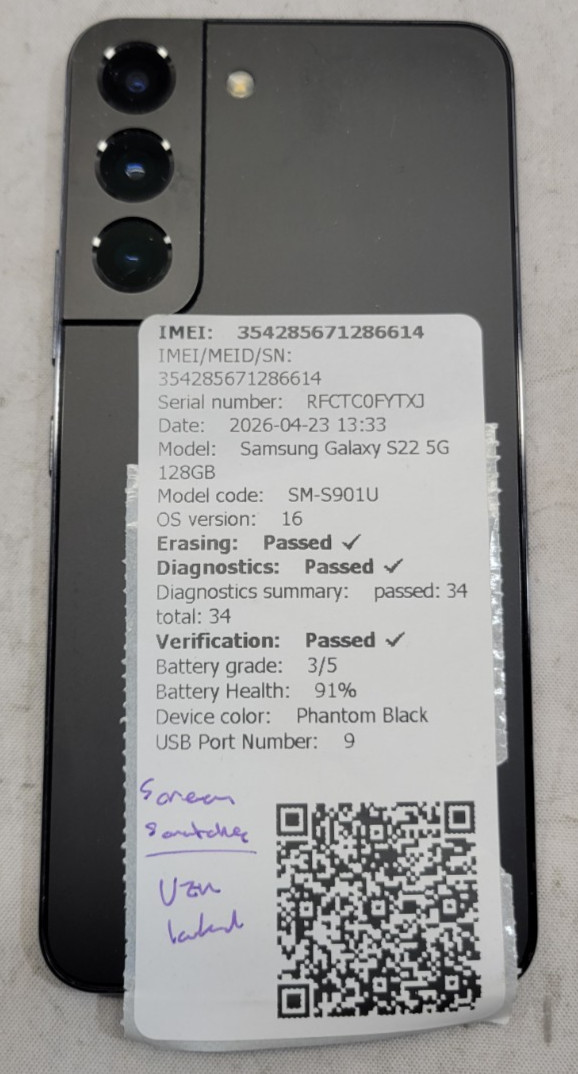 Samsung Galaxy S22 5G – 128GB – SM-S901U – OS:16 – SCREEN SCRATCHES – VZN LOCKED