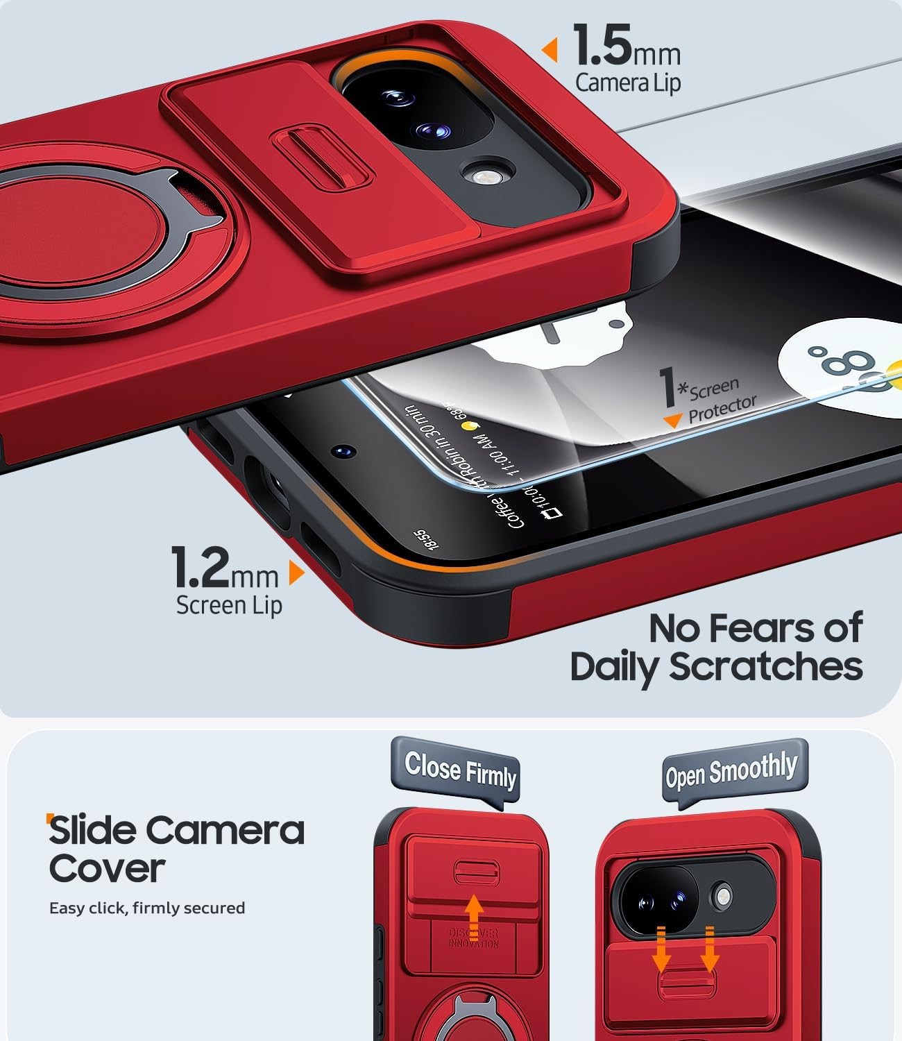 Google Pixel 10A Case, Dual-Layer Shockproof Protective, Kickstand, Red