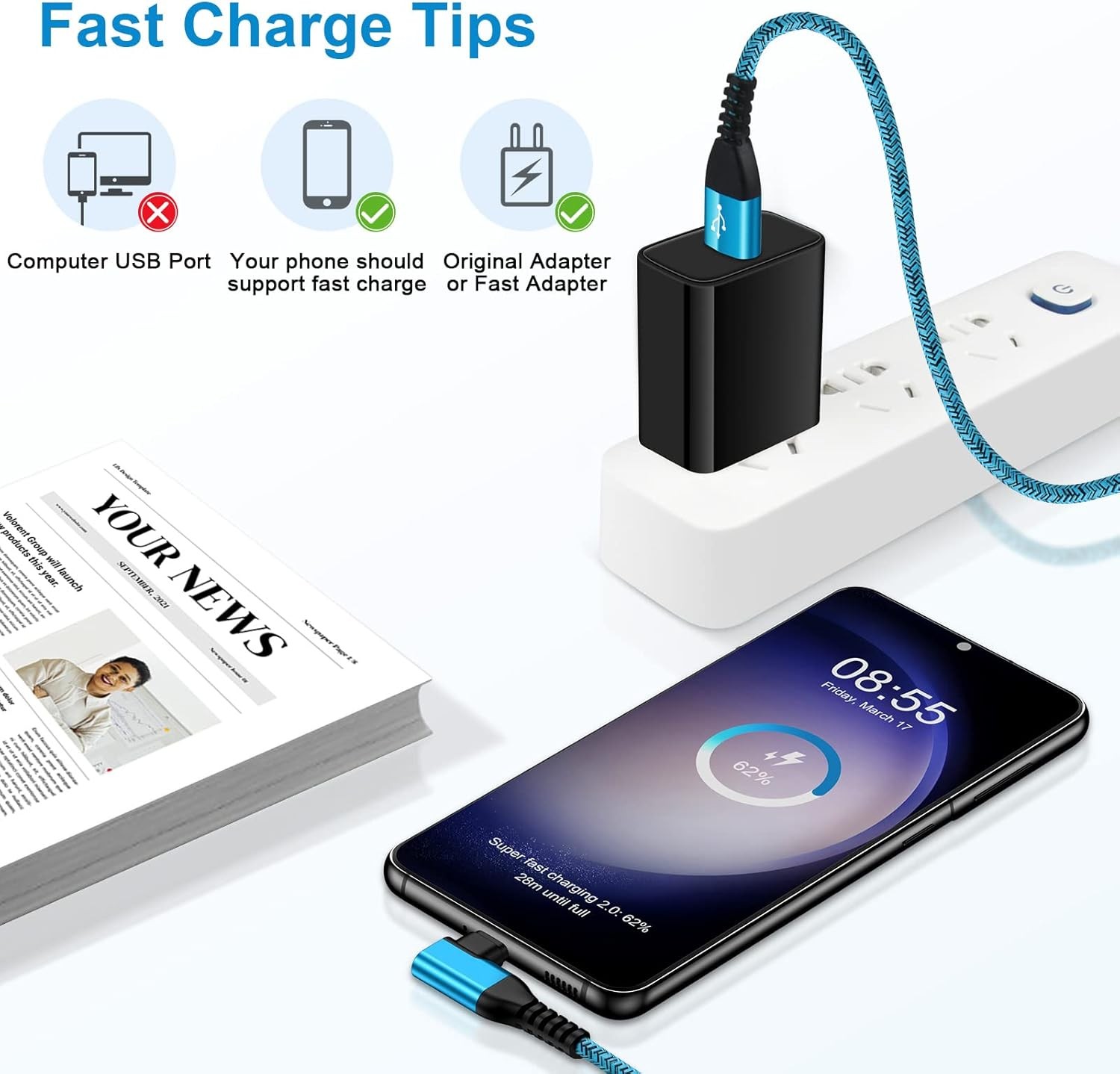 2-Pack 6ft USB-C Fast Charger Adapter for Samsung Galaxy S26 Ultra, Pixel 10
