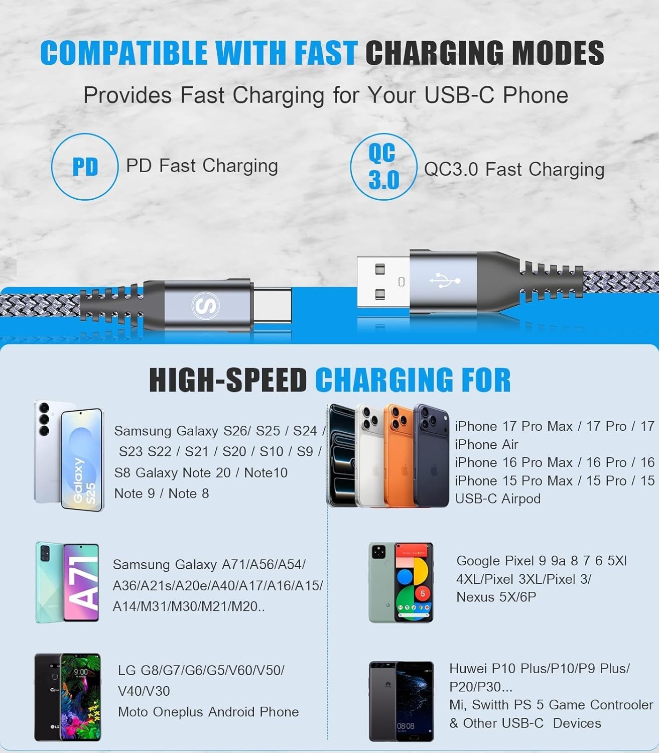 USB Type C Charger Cable [3-Pack, 10ft+6.6ft+3.3ft] for iPhone 15 Pro Max Galaxy
