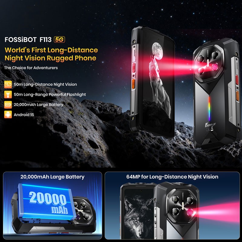 FOSSiBOT F113 5G Rugged Phone Android 15 Night Vision Stereo Loud Speaker Unlock