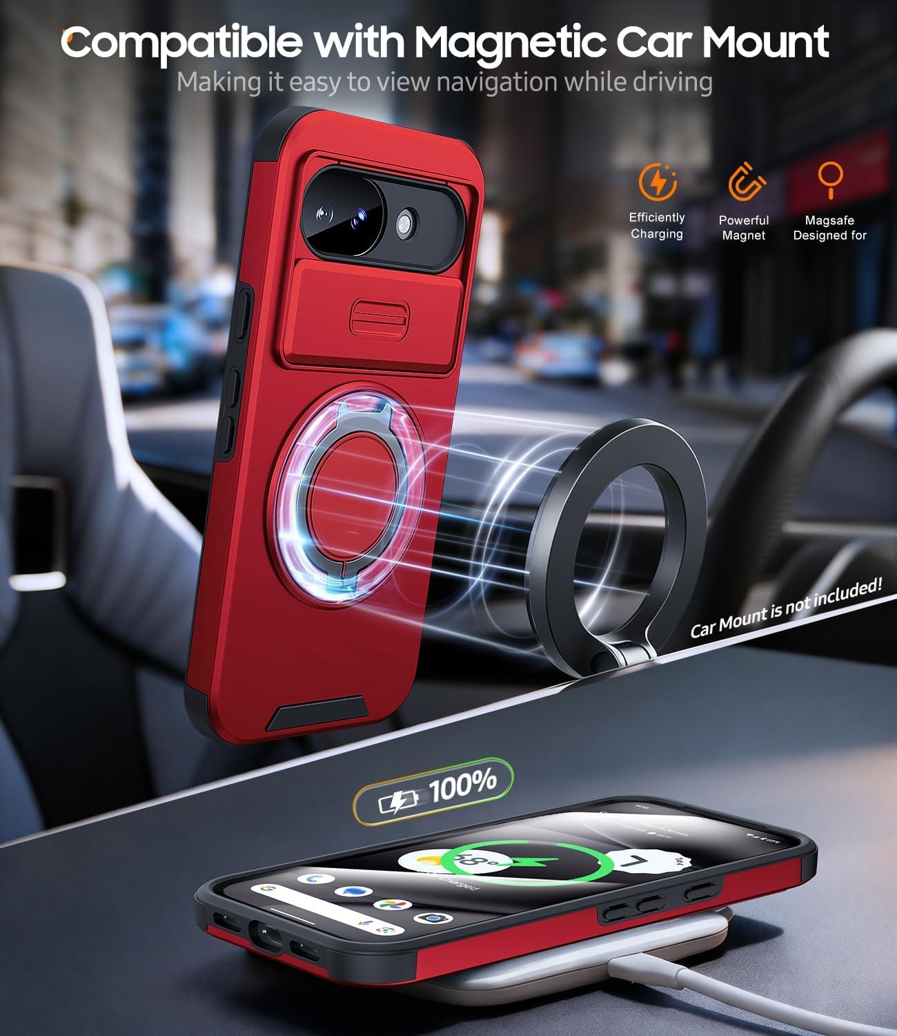 Google Pixel 10A Case, Dual-Layer Shockproof Protective, Kickstand, Red