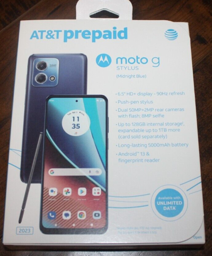 New Blue AT&T Motorola Moto G Stylus 128GB 6.5″ HD+ Display Prepaid Smartphone