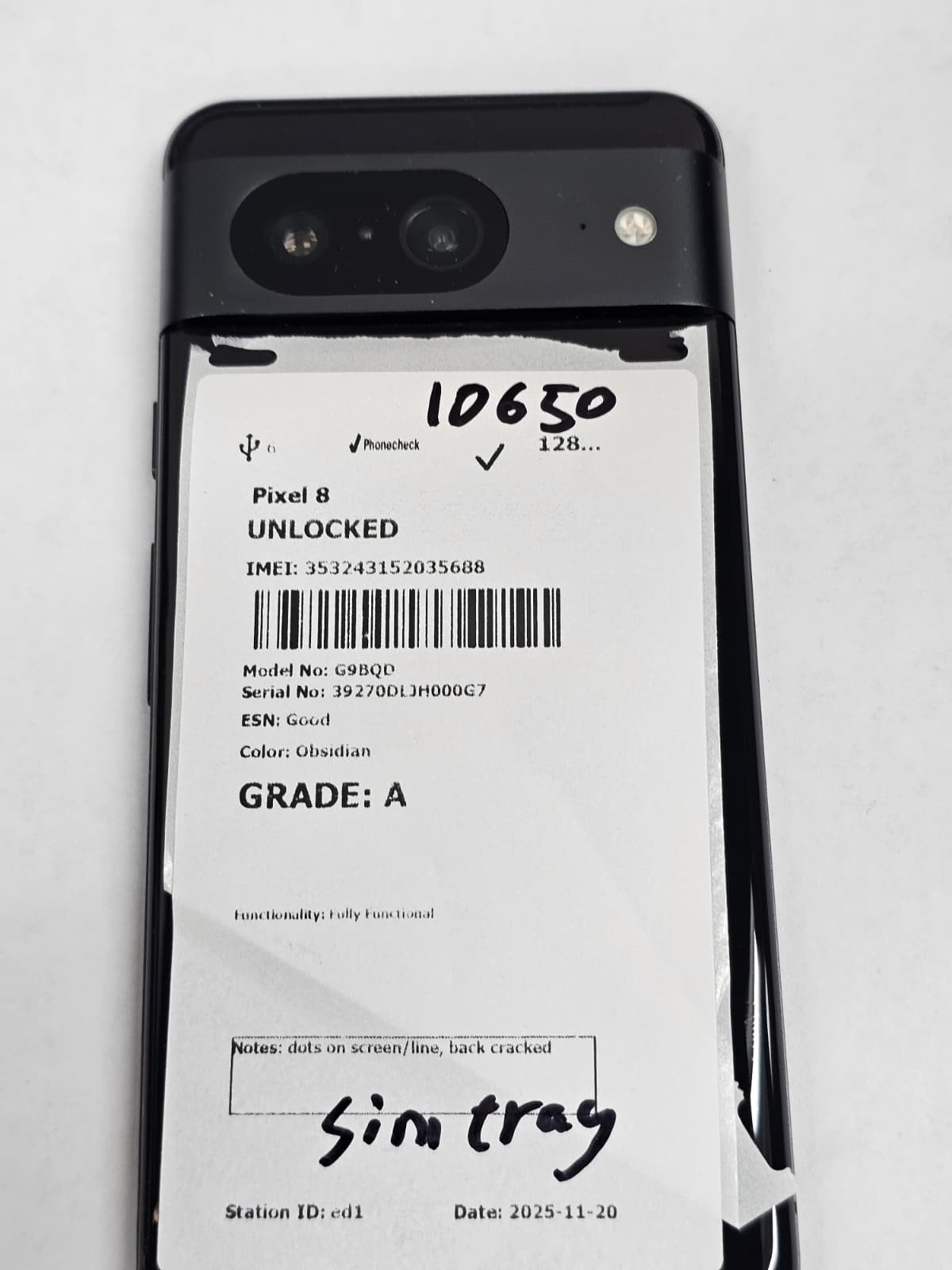 DEFECTIVE – Google Pixel 8 – 128GB – Black – Unlocked – G9BQD – 10650