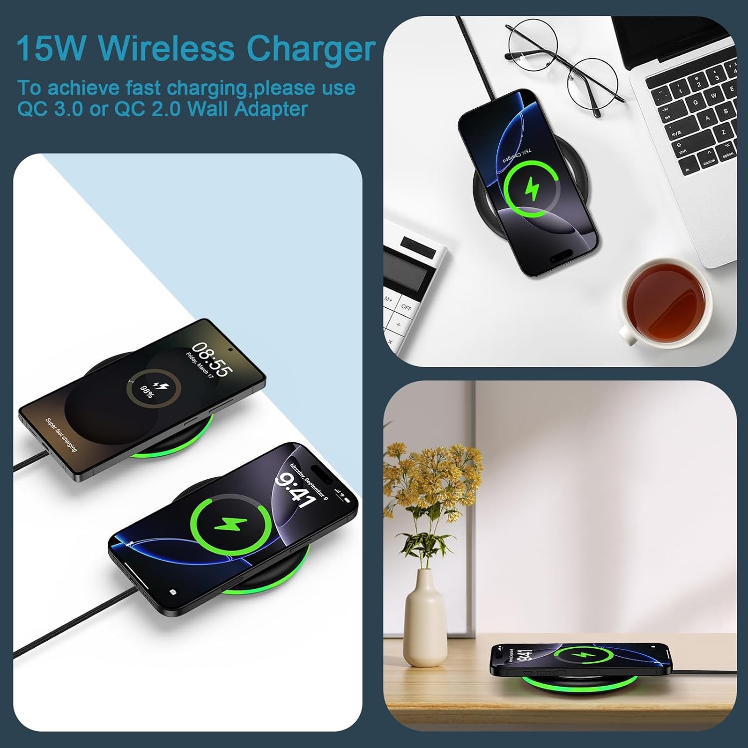 15W Wireless Fast Charging Pad for Samsung Galaxy S26 S25, iPhone 17 16