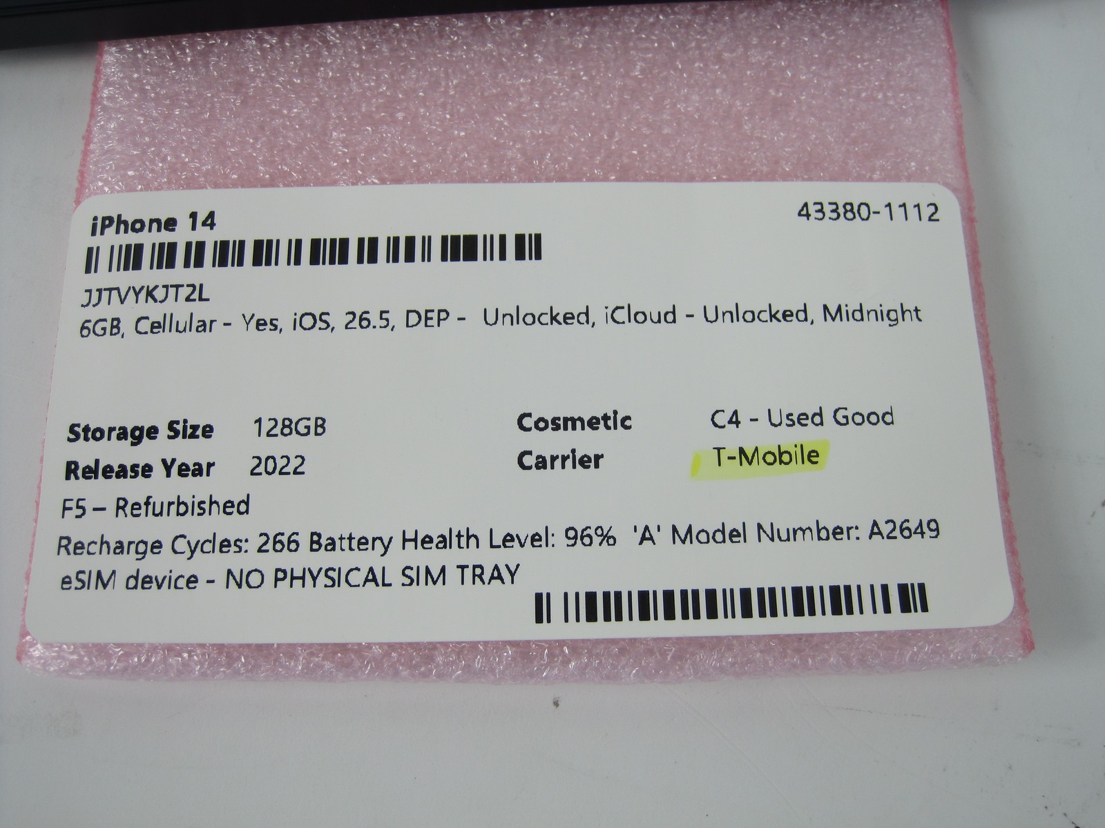 Apple iPhone 14 2022 A2649 Midnight 6GB Cellular T-Mobile iOS 26.5 128GB