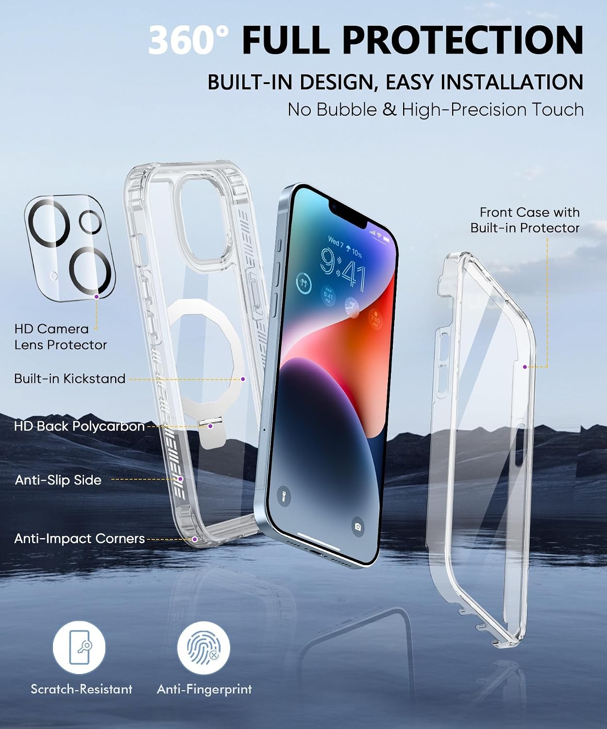 iPhone 14 Case, Built-in Screen Protector & Seamless Stand, Clear Full Body Cove