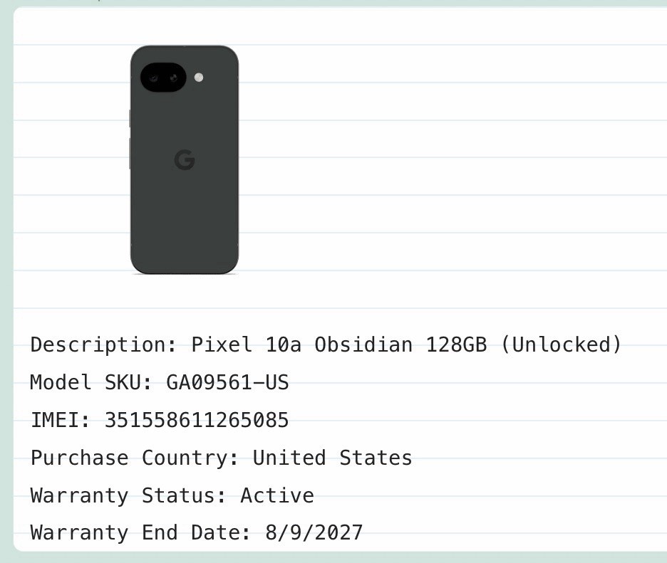 Google Pixel 10a – 128 GB – Obsidian (Unlocked) Check ESN As Is H16
