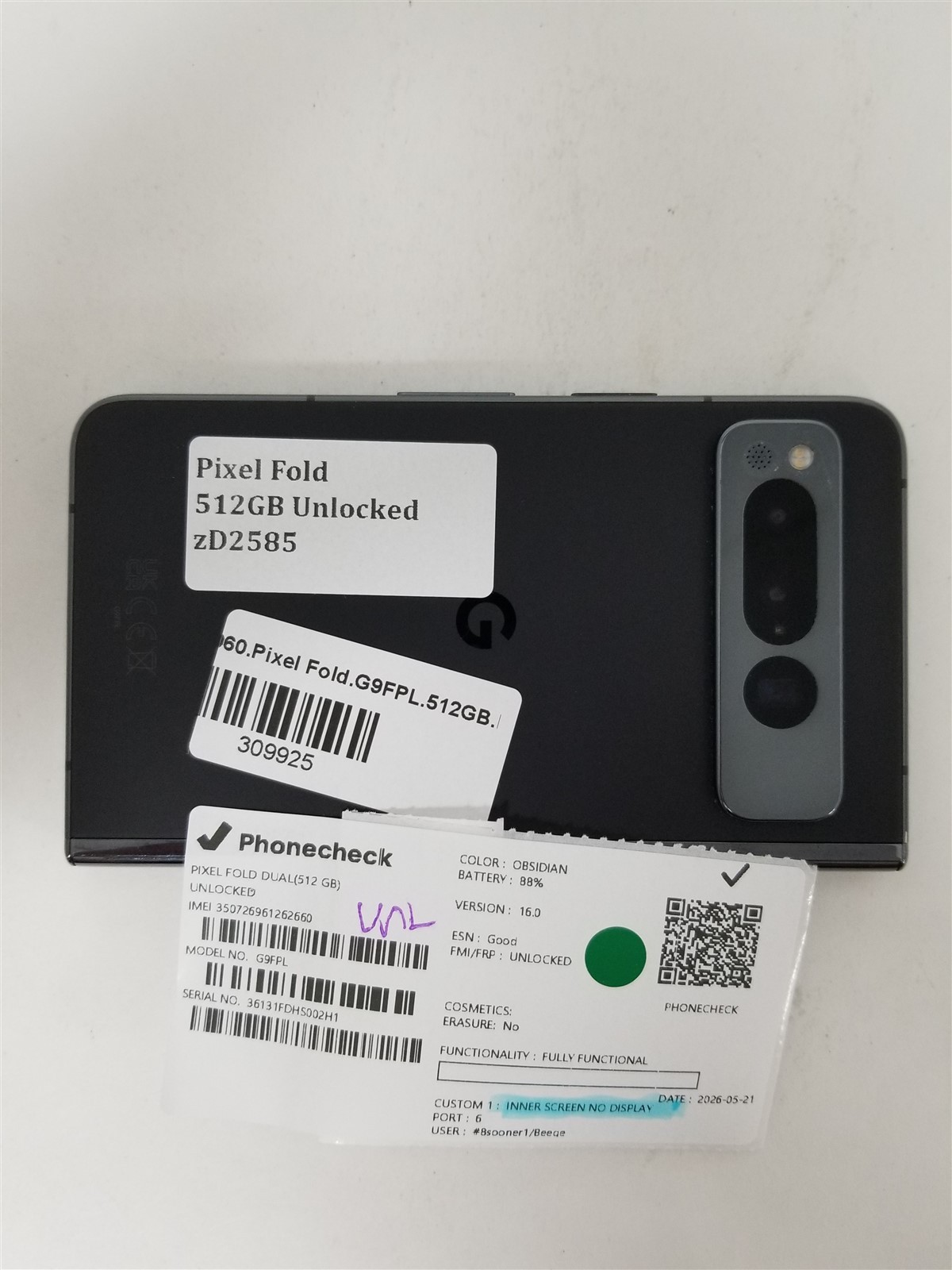 Google Pixel Fold 512GB Black G9FPL (Unlocked) Damaged zD2585