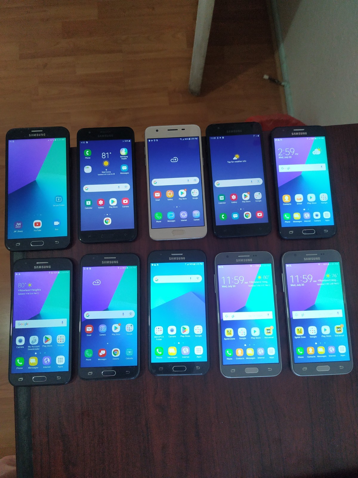 Lot of 10 Samsung Galaxy J7 Perx (SM-J727P)(1pc) and J3 Mixed model (9pcs) 16GB