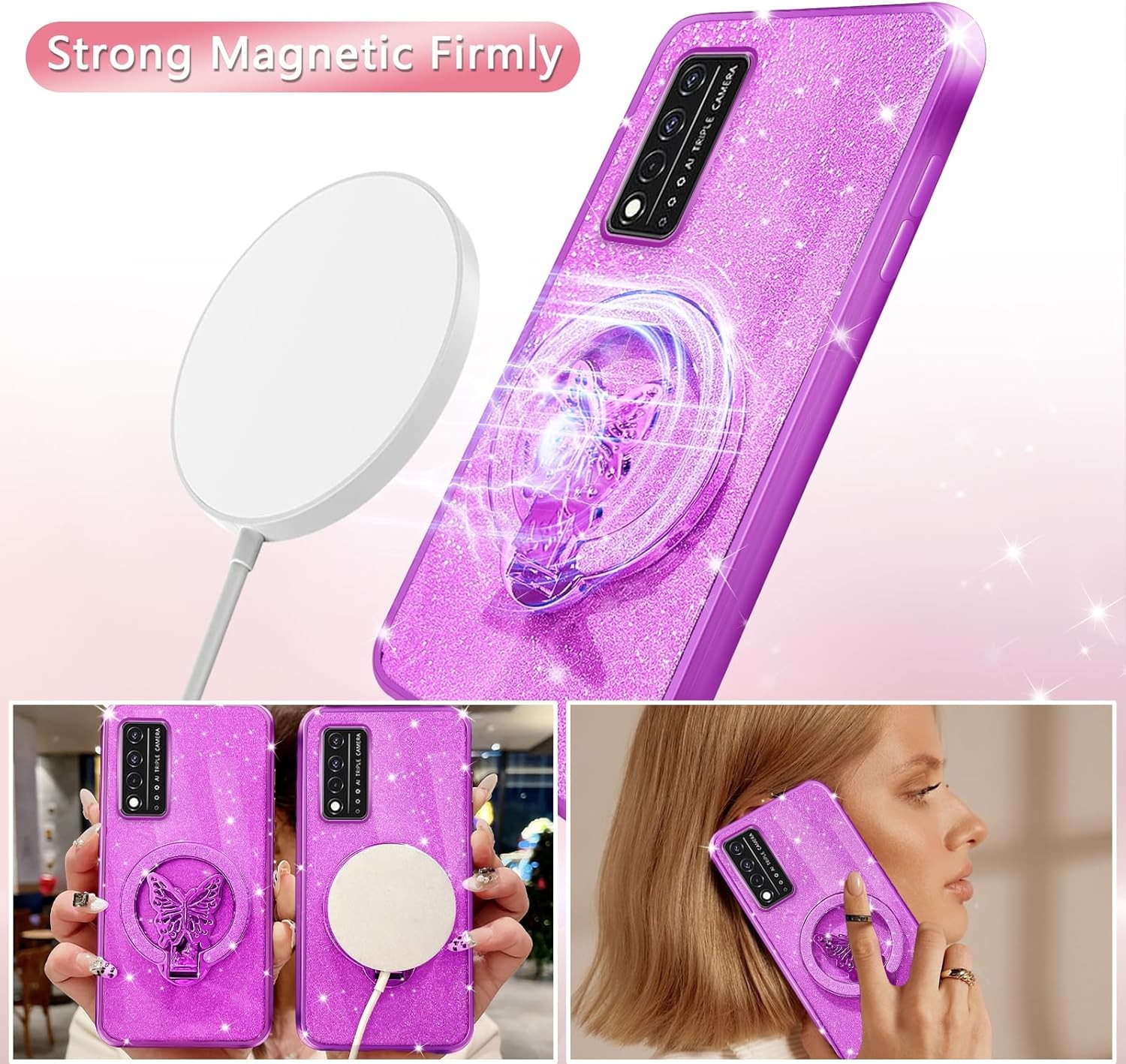 T-Mobile Revvl V Plus 5G Case with Butterfly Stand, Bling Luxury Glitter Cover