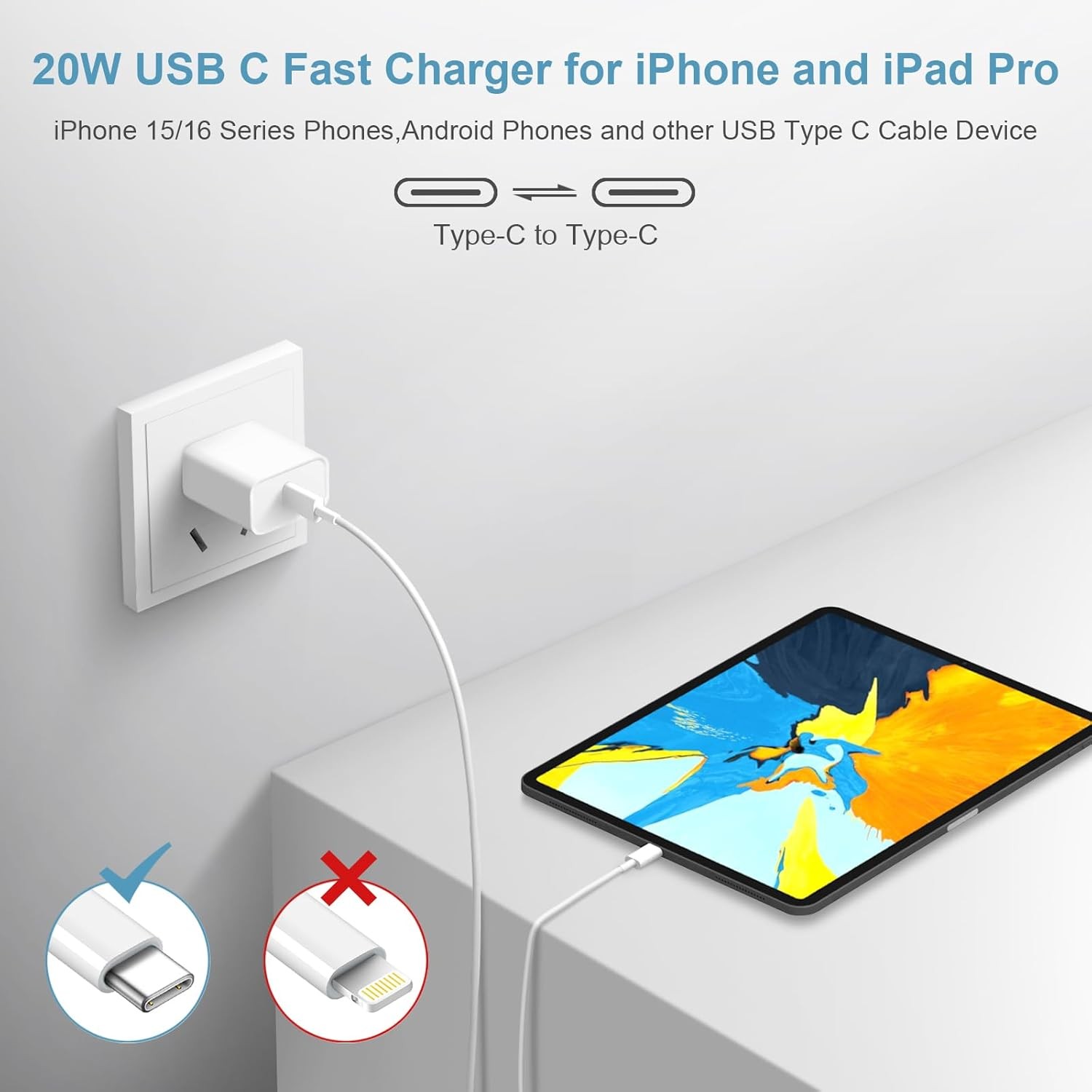 Fast Charging Type-C Charger Block for iPhone 17/16 with 6FT Cable