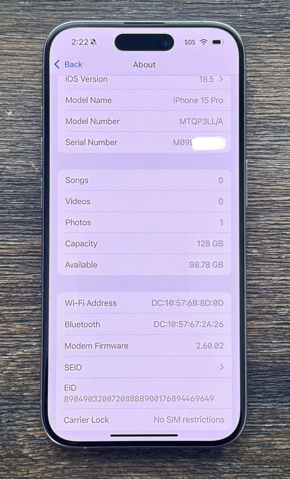 Apple iPhone 15 Pro 128GB Natural Titanium Unlocked 98% Battery Health