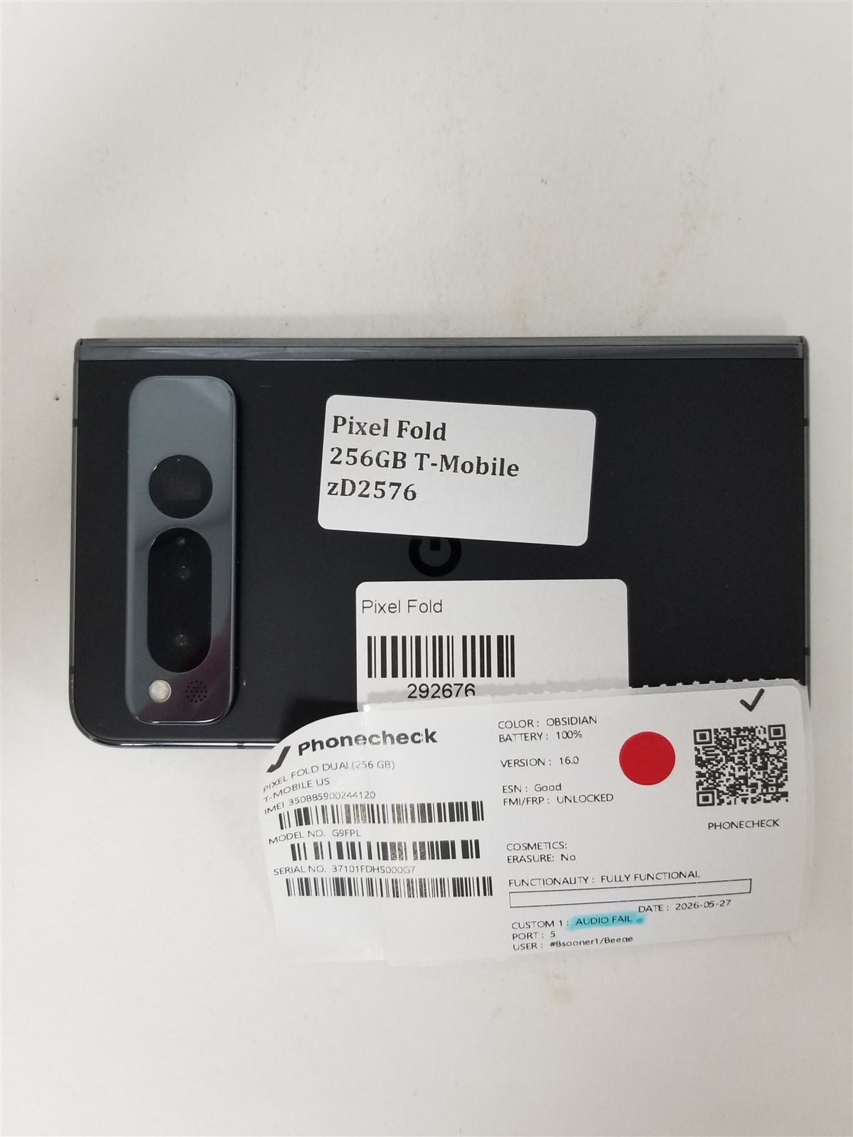 Google Pixel Fold 256GB Black G9FPL (T-Mobile) Damaged zD2576
