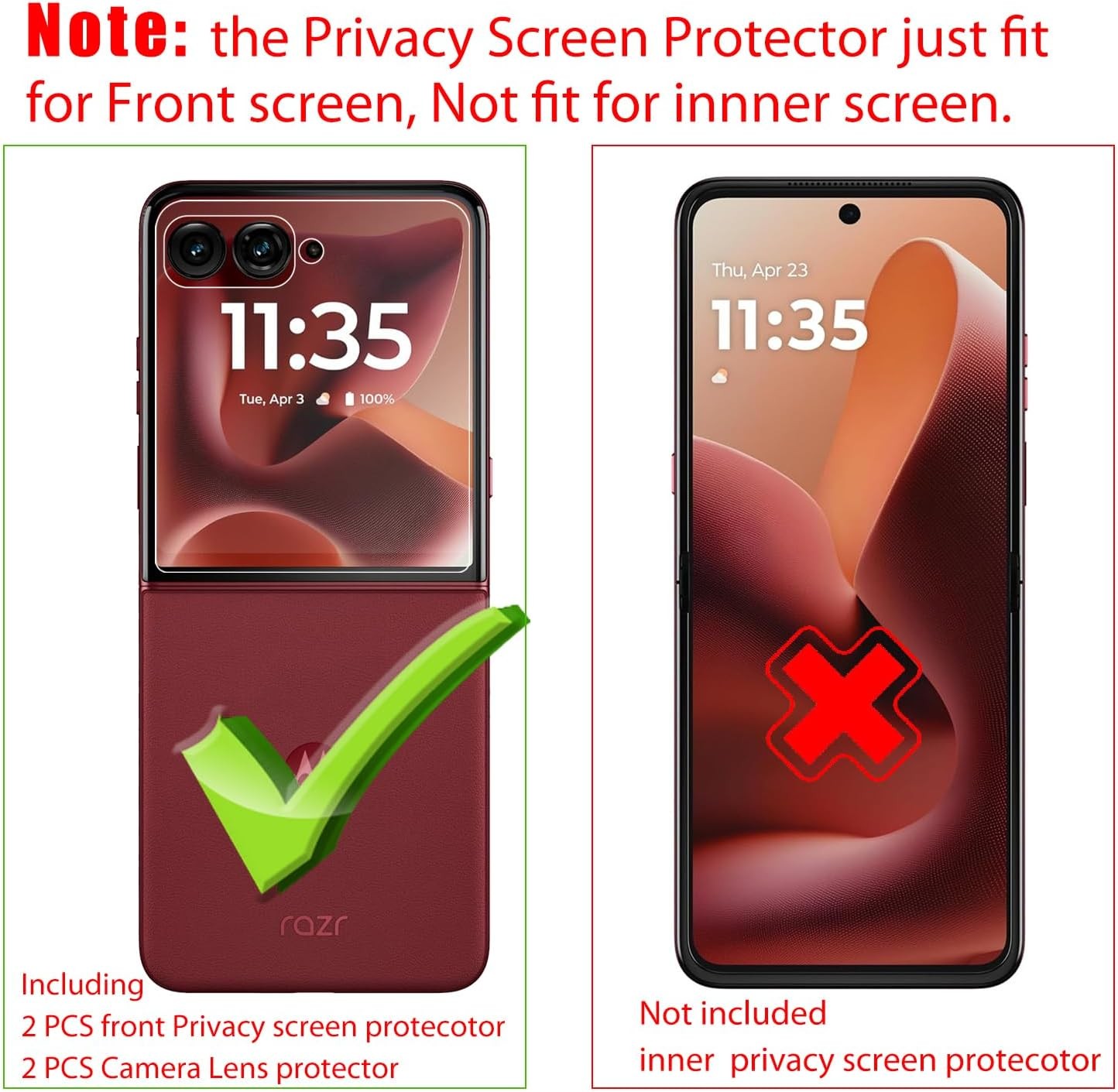 2+2 PCS Privacy Front Screen Protector & Camera Lens Protector for Motorola Razr