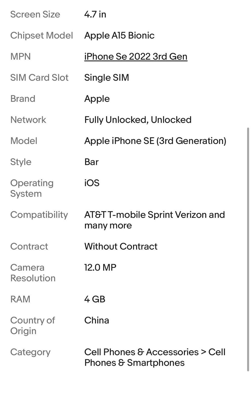 Apple iPhone SE 3rd Gen 2022 Fully Unlocked (Any Carrier) 5G SmartPhone