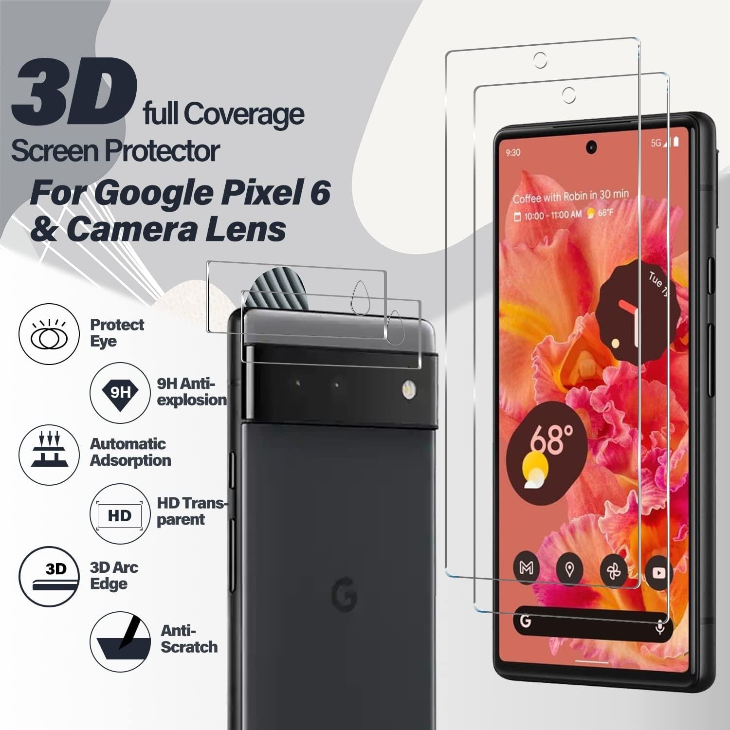 4 in 1 Google Pixel 6 Screen Protector,Front Tempered Glass,Side-Back Film