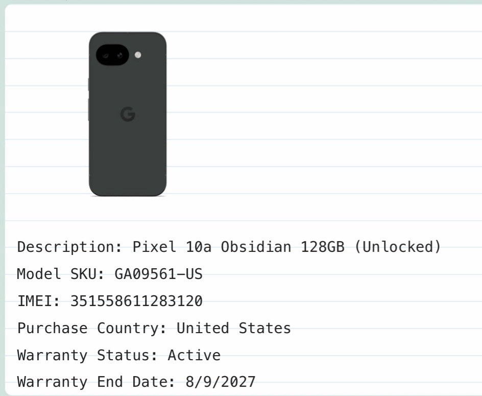 Google Pixel 10a – 128 GB – Obsidian (Unlocked) Check ESN As Is D21