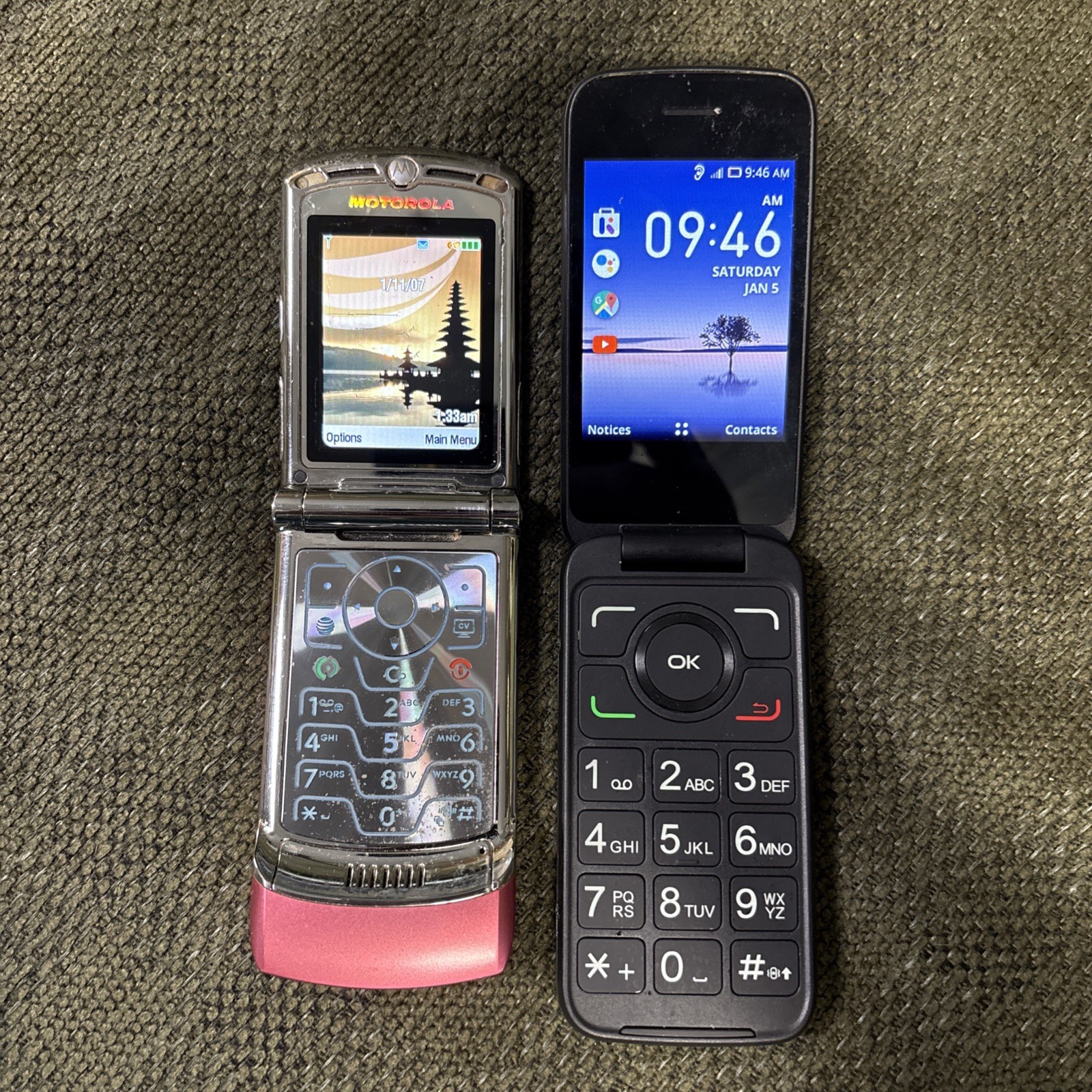 MOTOROLA RAZR-RAZOR Pink & Alcatel Flip Phones Both AT&T
