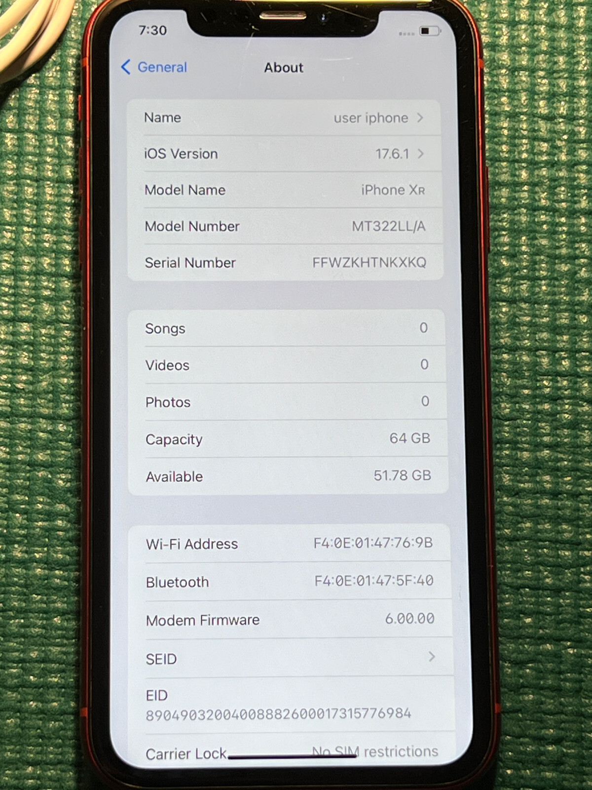 Apple iPhone XR – 64GB – Red (Unlocked) A1984 CDMA + GSM