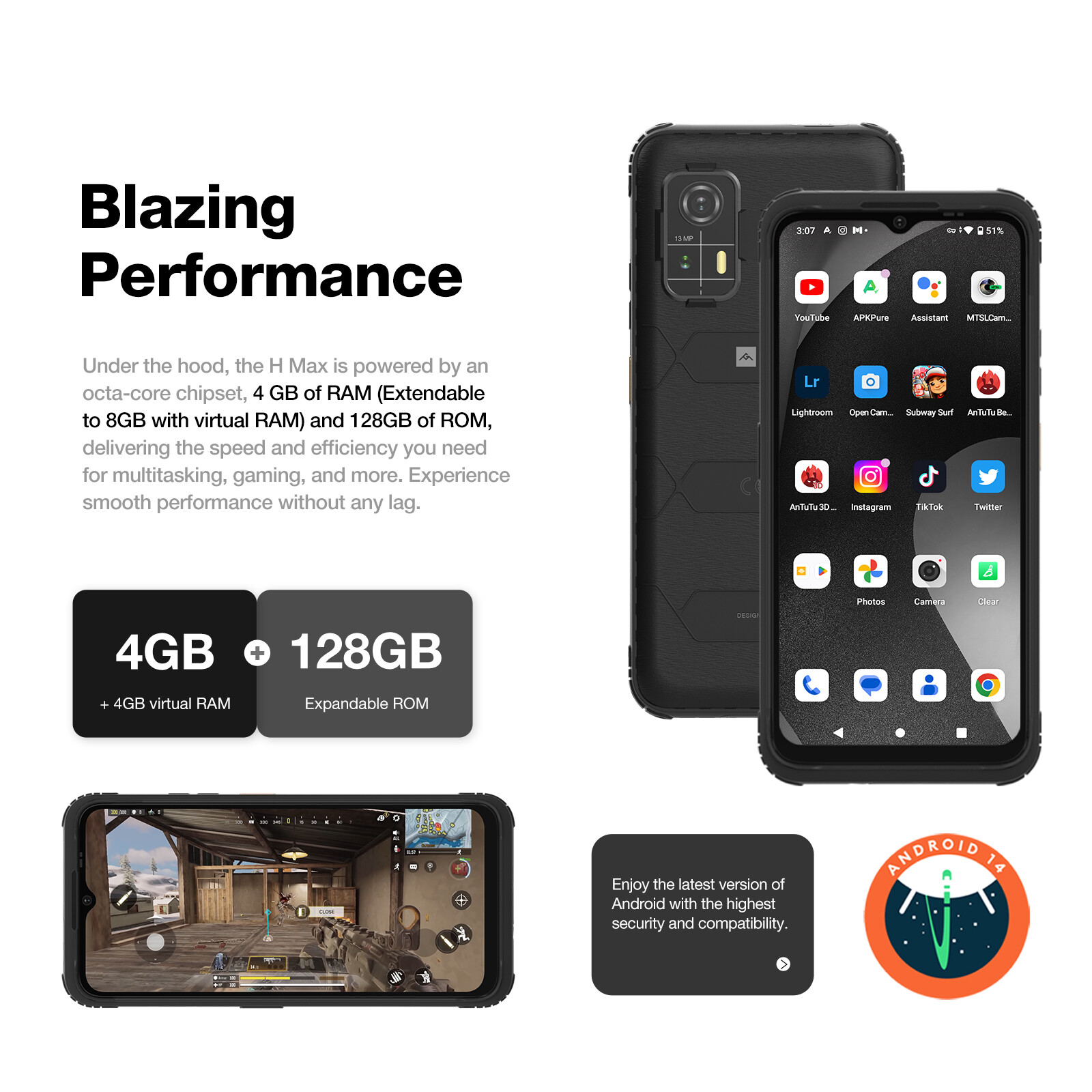 AGM H Max Rugged Smartphone 10000mAh Android14 4GB+128GB 6.56” Dual SIM NFC US