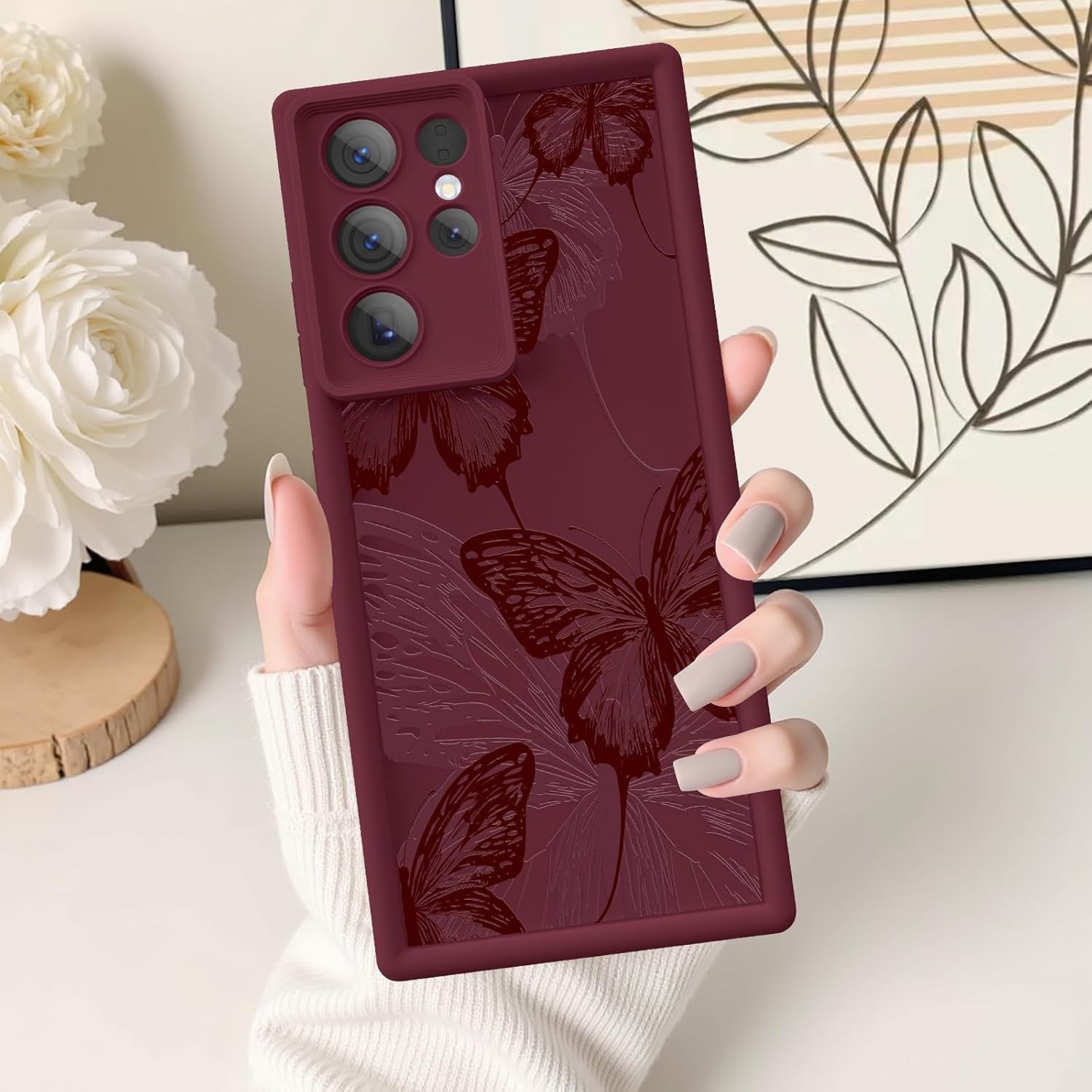 Samsung Galaxy S23 Ultra Case, Soft Silicone Shockproof Burgundy Red Butterfly C