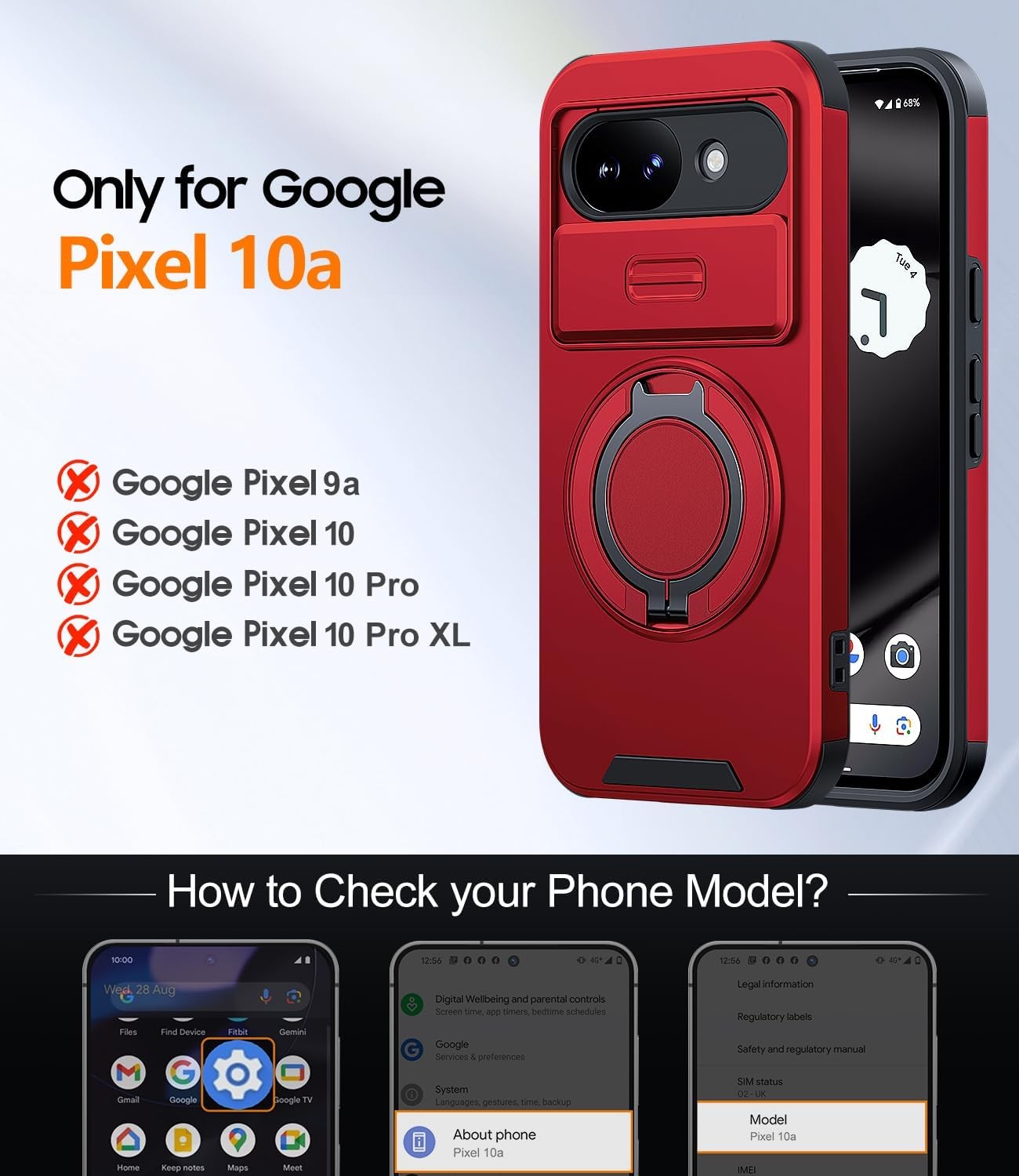 Google Pixel 10A Case, Dual-Layer Shockproof Protective, Kickstand, Red