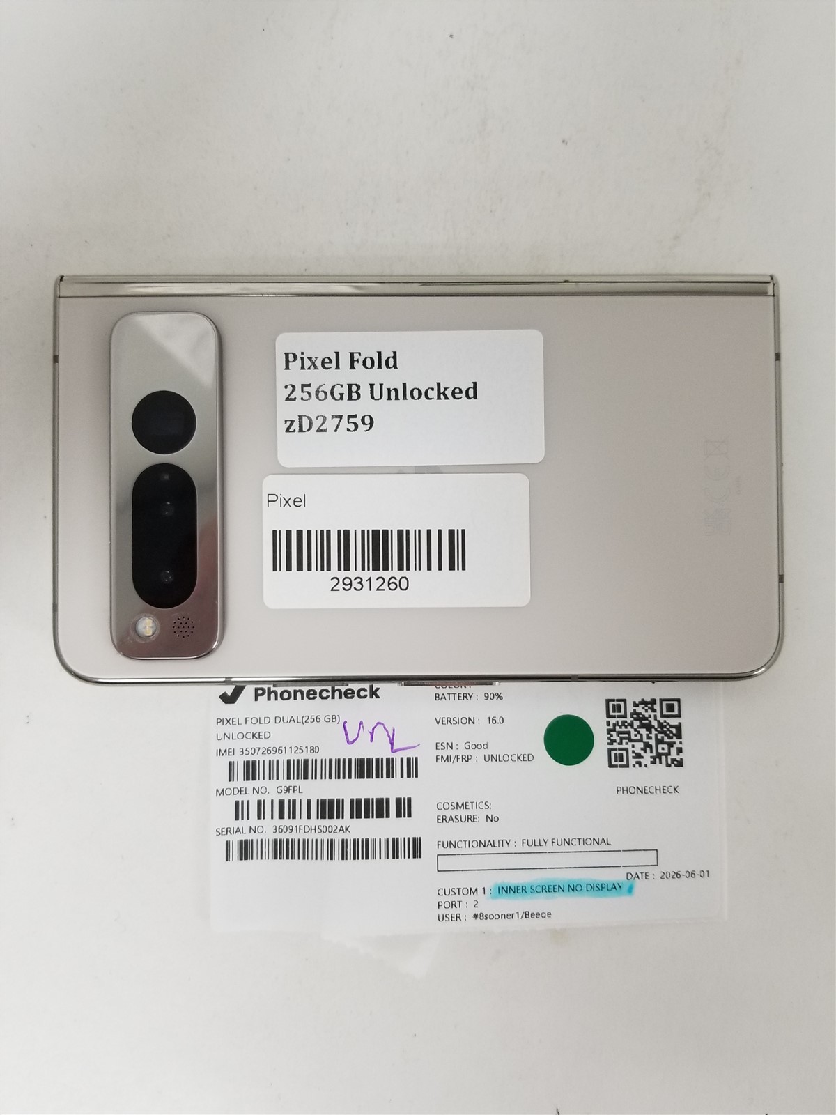 Google Pixel Fold 256GB Porcelian G9FPL (Unlocked) Damaged zD2759