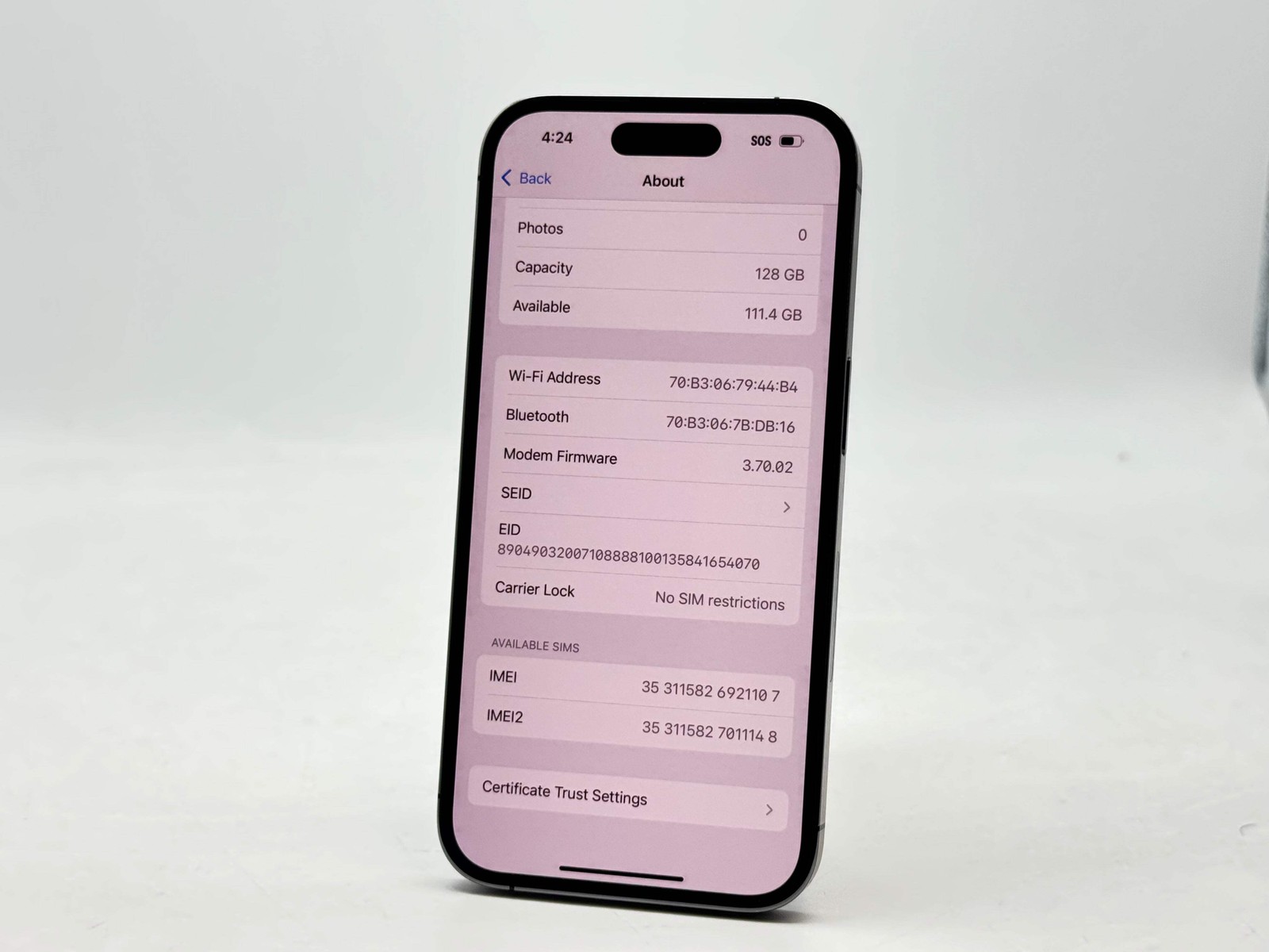 Unlocked Apple iPhone 14 Pro A2650 128GB Deep Purple 82% Battery Health