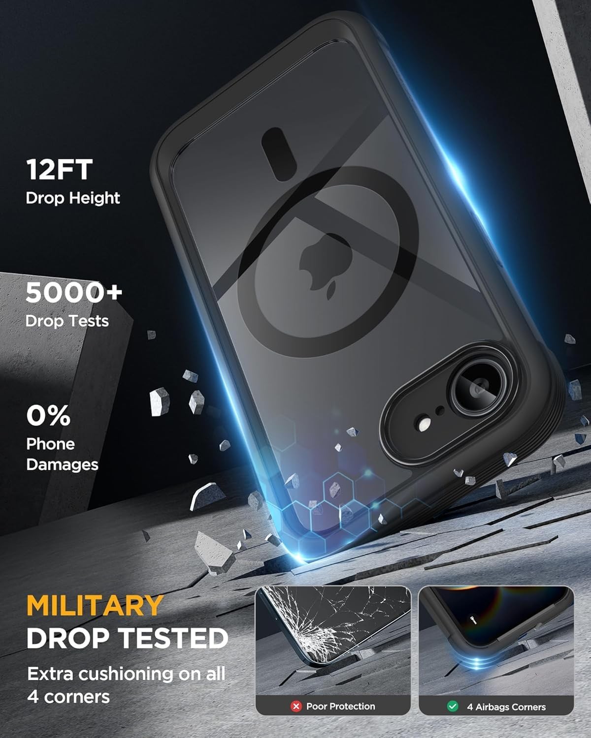 Black Bumper Case with Built-in Glass Screen Protector for iPhone 16e & 17e