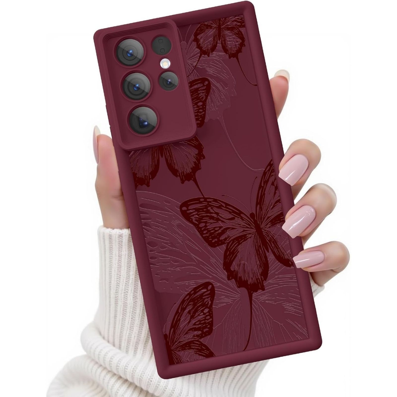 Samsung Galaxy S23 Ultra Case, Soft Silicone Shockproof Burgundy Red Butterfly C