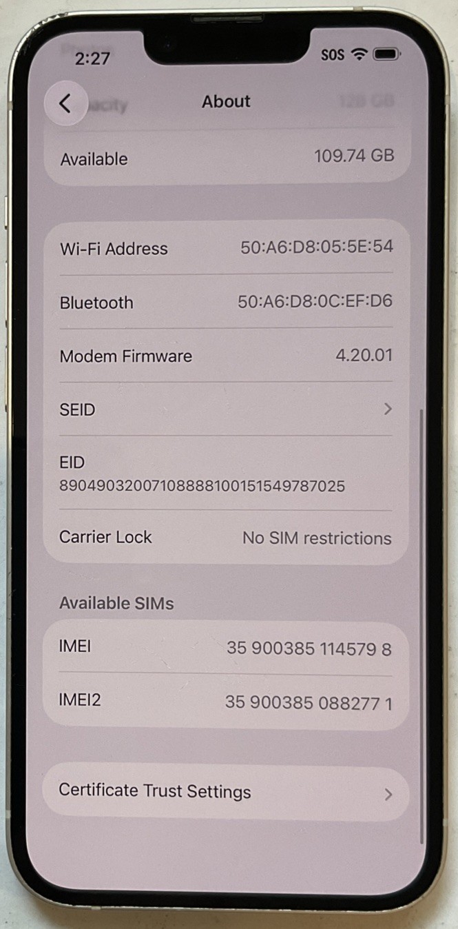 USED GSM UNLOCKED STARLIGHT, iPhone 14, 128GB A2649 MPUN3LL/A WITH 82% BATTERY