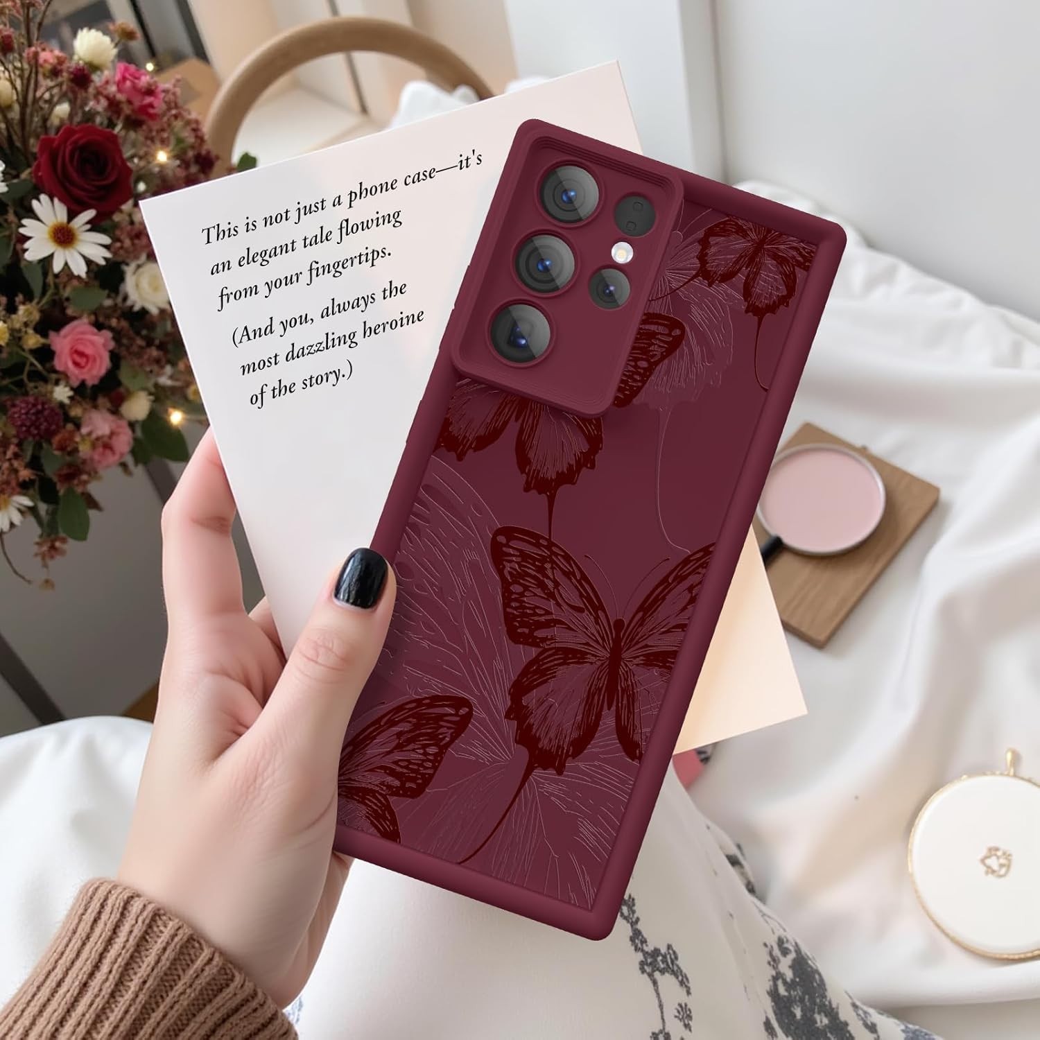 Samsung Galaxy S23 Ultra Case, Soft Silicone Shockproof Burgundy Red Butterfly C